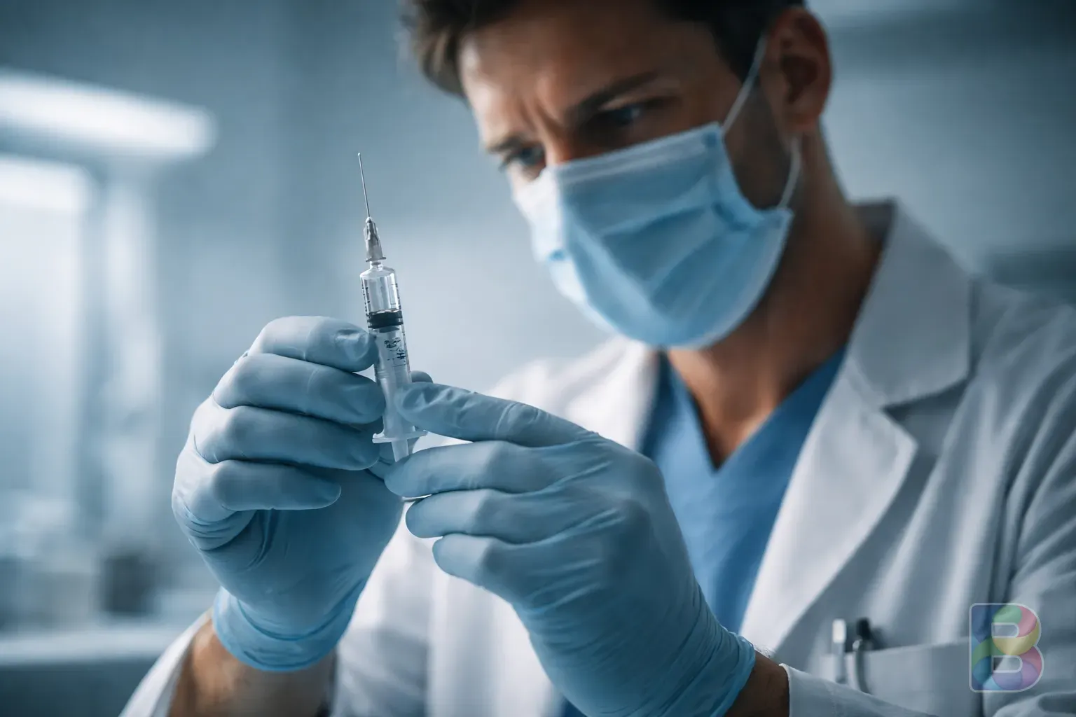 photorealistic, close-up of a doctor preparing a small syringe for a nerve block procedure, sterile clinical environment, soft blue lighting