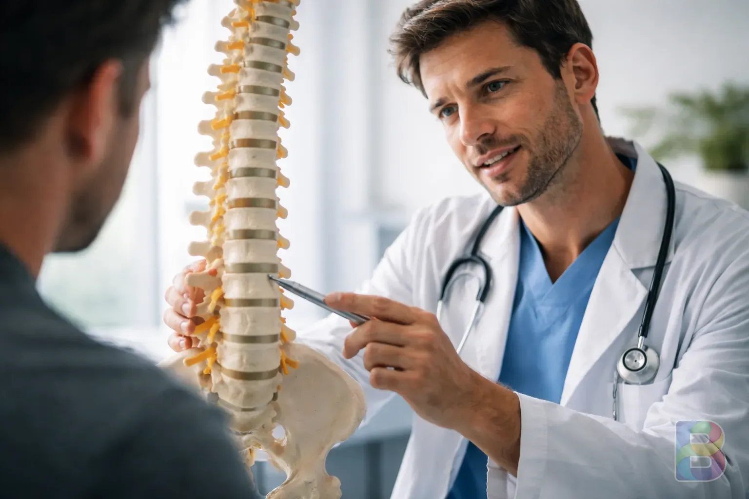 photorealistic, doctor pointing at a spinal model in a bright consulting room, professional and reassuring mood, high quality
