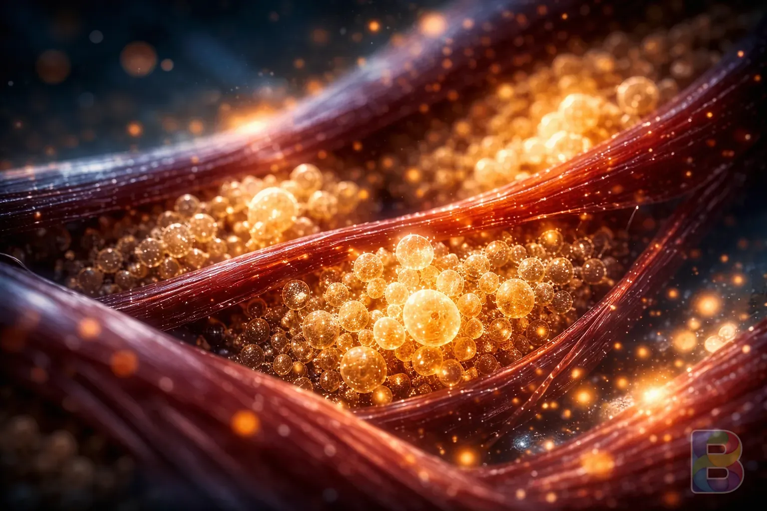 photorealistic, microscopic view of glycogen granules in muscle tissue, glowing energy particles, cinematic lighting, deep blue and gold tones
