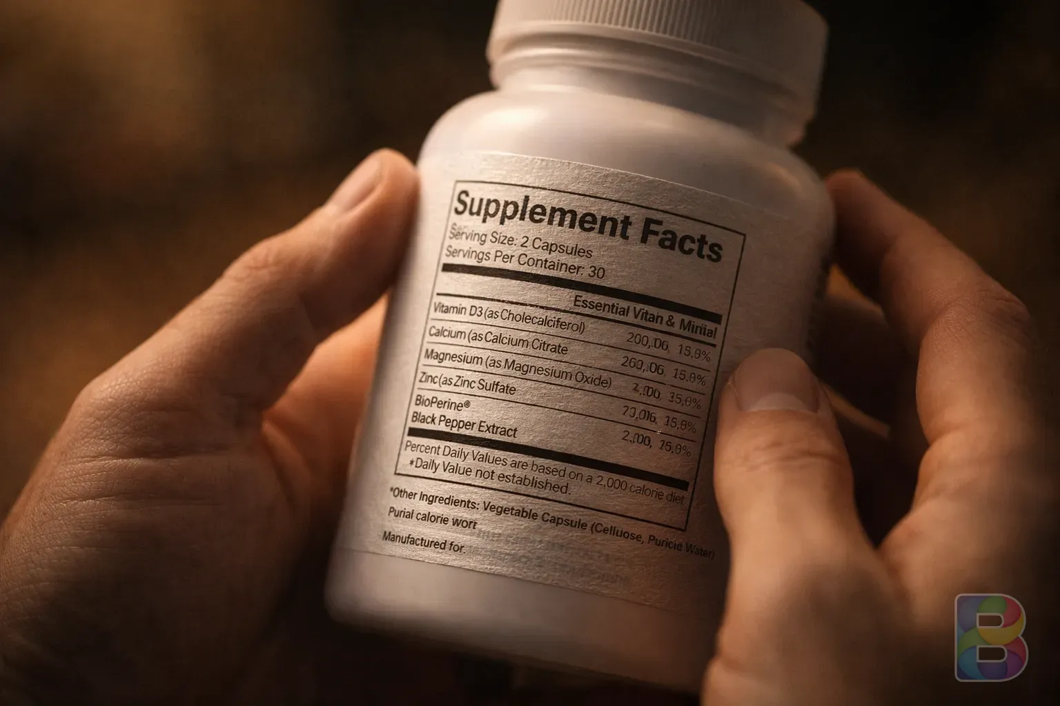 photorealistic, close-up of a person checking a supplement bottle label with sharp focus, soft room lighting, detailed texture of the label