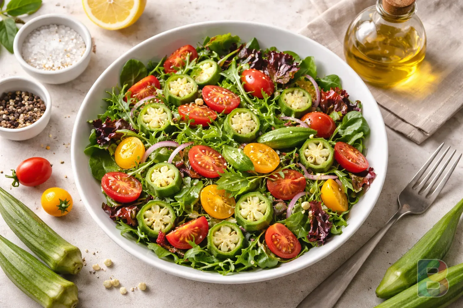 photorealistic, top down view of a healthy salad featuring sliced okra, tomatoes, and olive oil, vibrant colors, bright airy kitchen setting, cinematic lighting