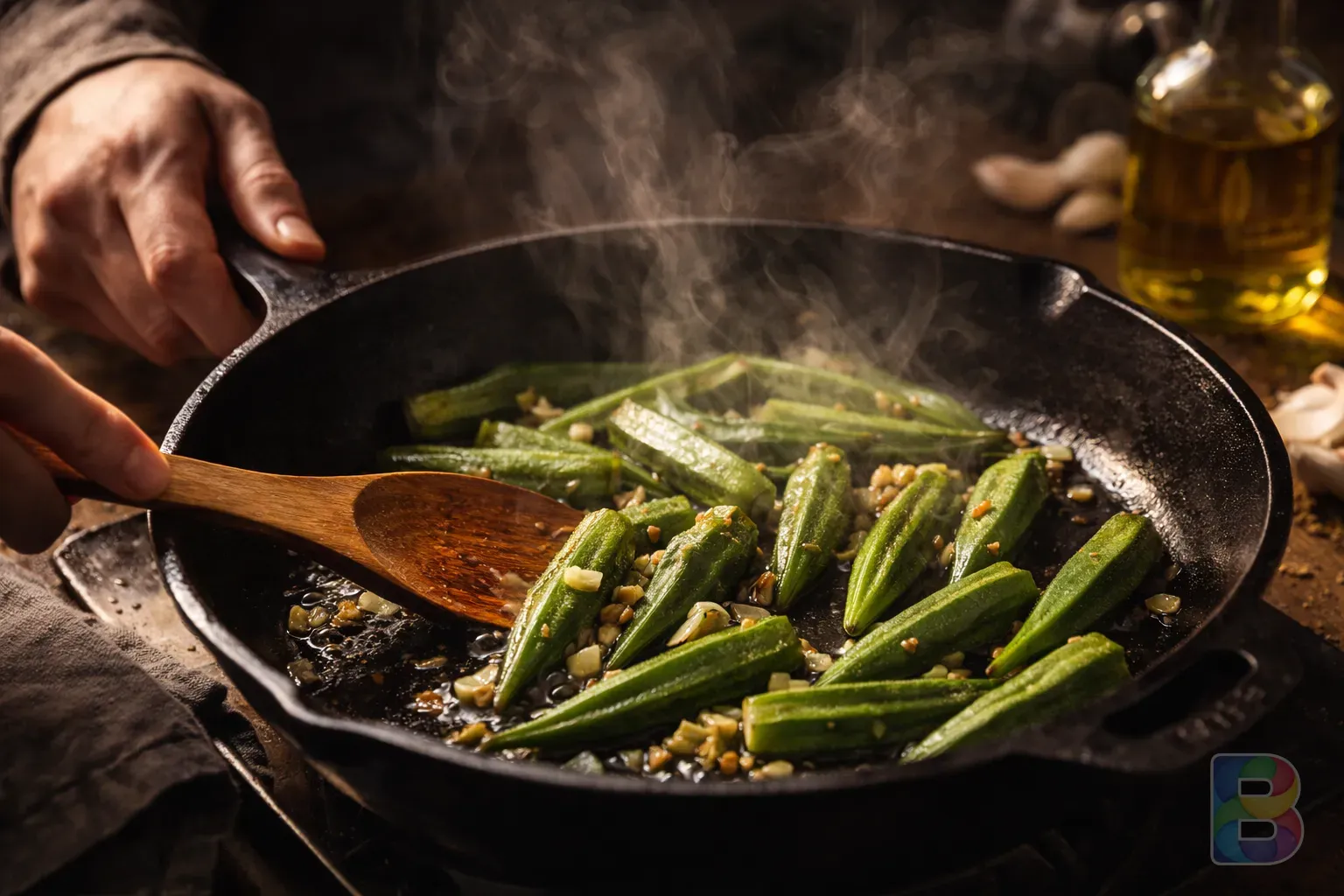 photorealistic, hands of a chef lightly sautéing okra in a cast iron pan with garlic and olive oil, steam rising, warm golden lighting, high detail
