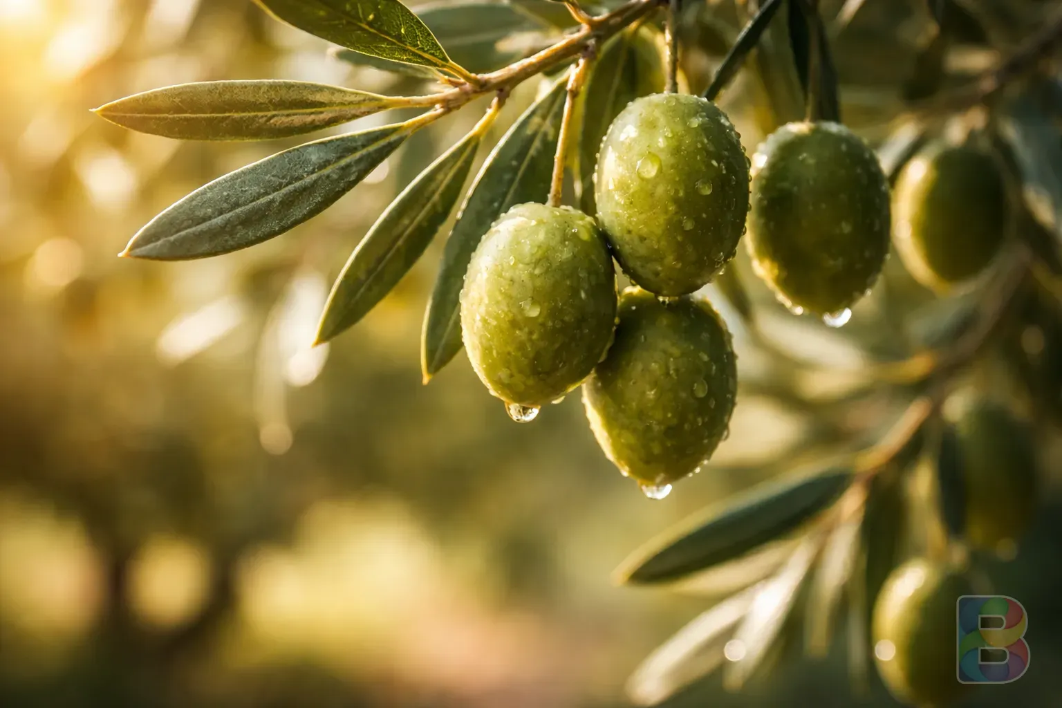 photorealistic, macro shot of an olive branch with green olives, sunlight filtering through leaves, blurred orchard background, cinematic lighting