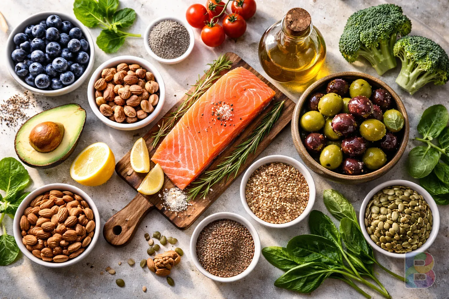 photorealistic, flat lay of diverse healthy food including olives, salmon, and nuts, bright natural light, clean and organized composition