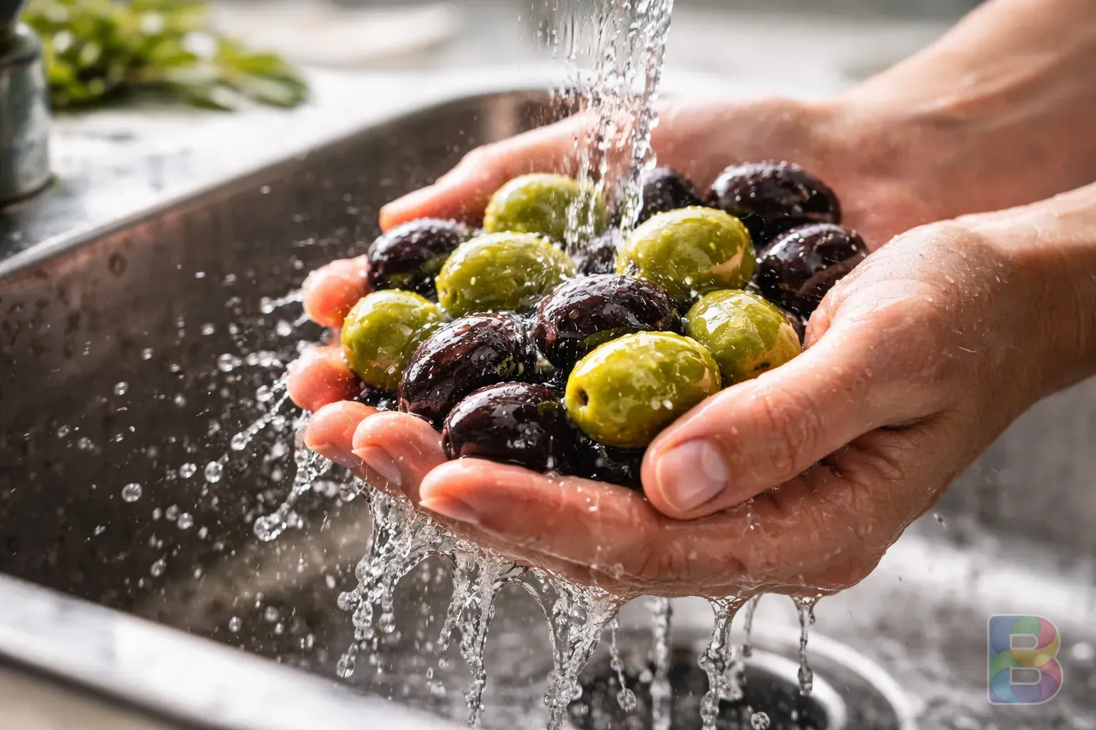 photorealistic, hands rinsing olives under running water in a kitchen sink, water droplets splashing, clean and fresh atmosphere