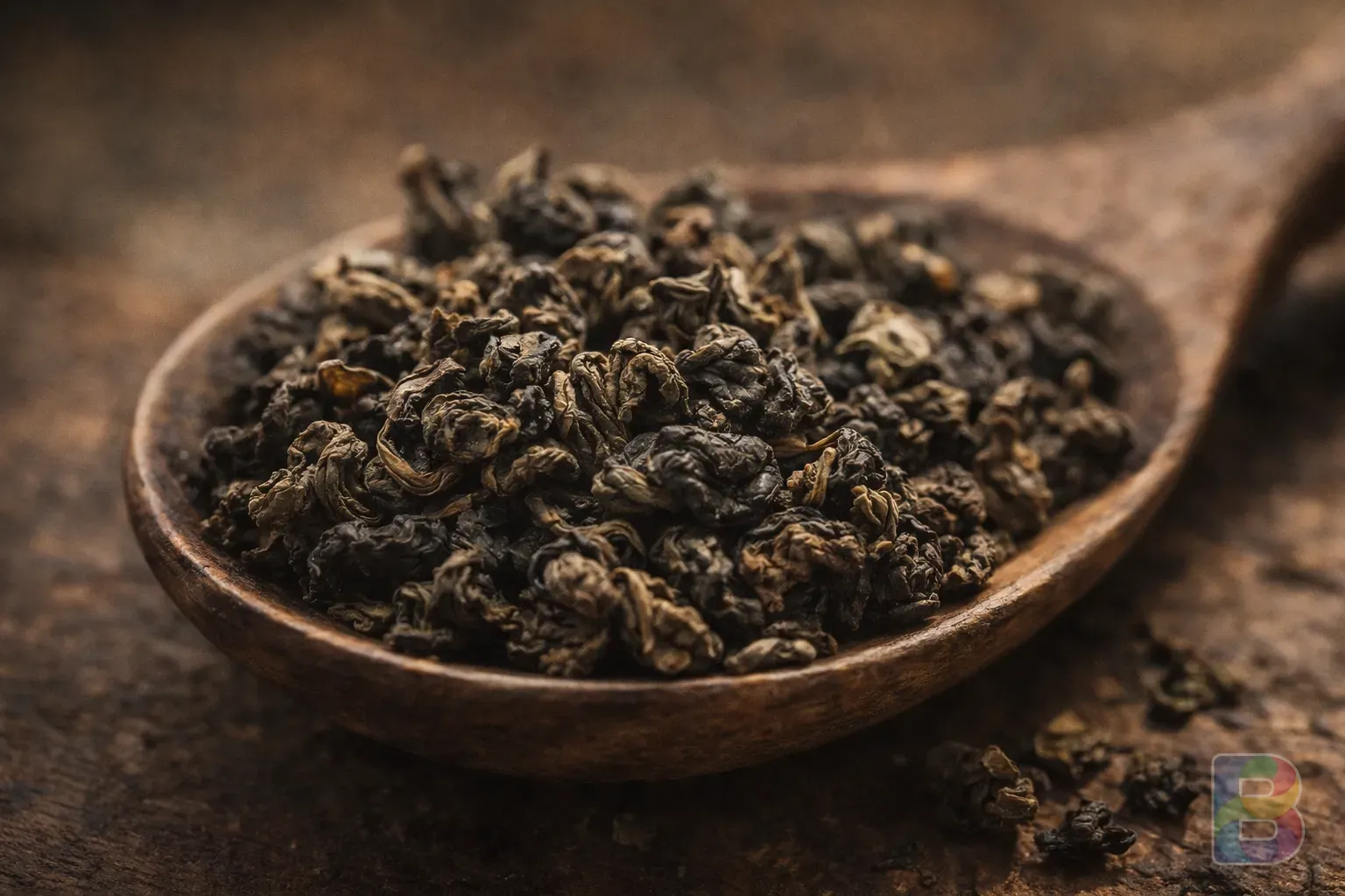photorealistic, detail shot of dried oolong tea leaves on a wooden spoon, textured tea leaves, earthy tones, soft natural lighting, macro photography