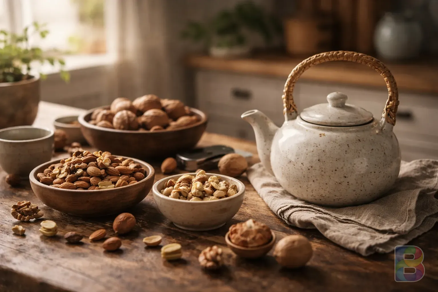 photorealistic, a calm kitchen scene with a teapot and various healthy nuts on a table, warm atmosphere, cinematic lighting, shallow depth of field
