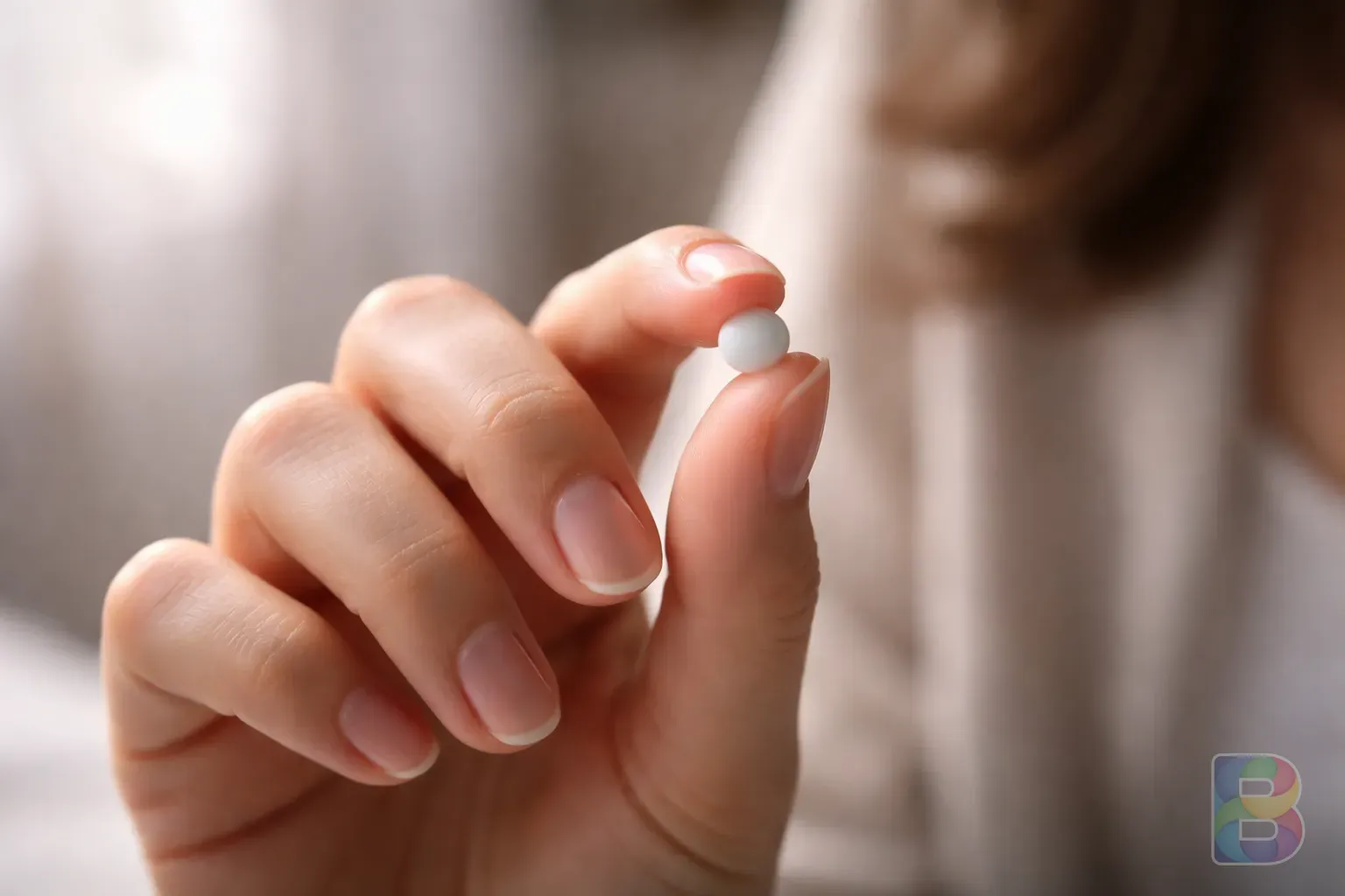photorealistic, detail shot of a woman's hand holding a single small white pill, soft natural lighting, high detail, calm mood