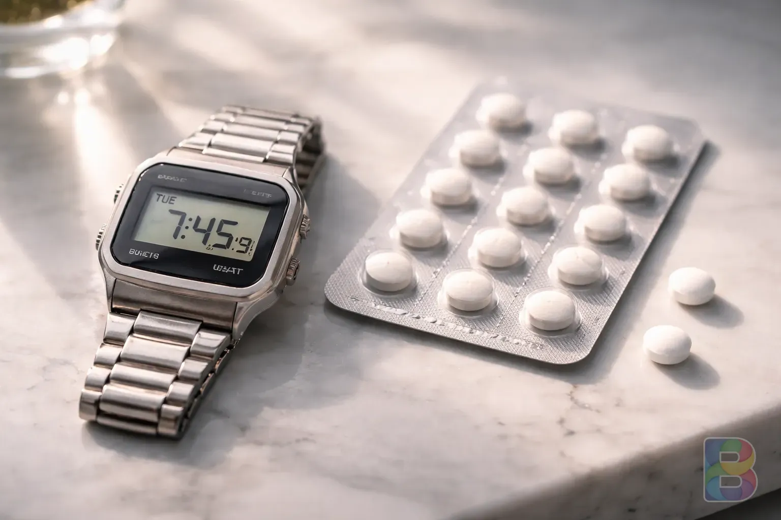 photorealistic, a digital watch and a pack of pills on a marble surface, morning light, clean and aesthetic, cinematic lighting