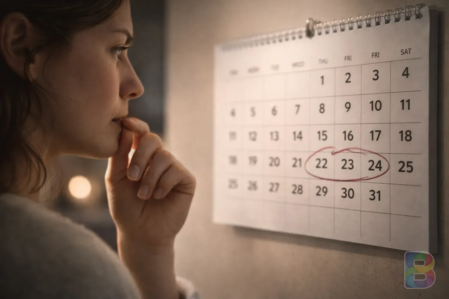 photorealistic, a person looking at a calendar with a thoughtful expression, soft indoor lighting, cinematic atmosphere