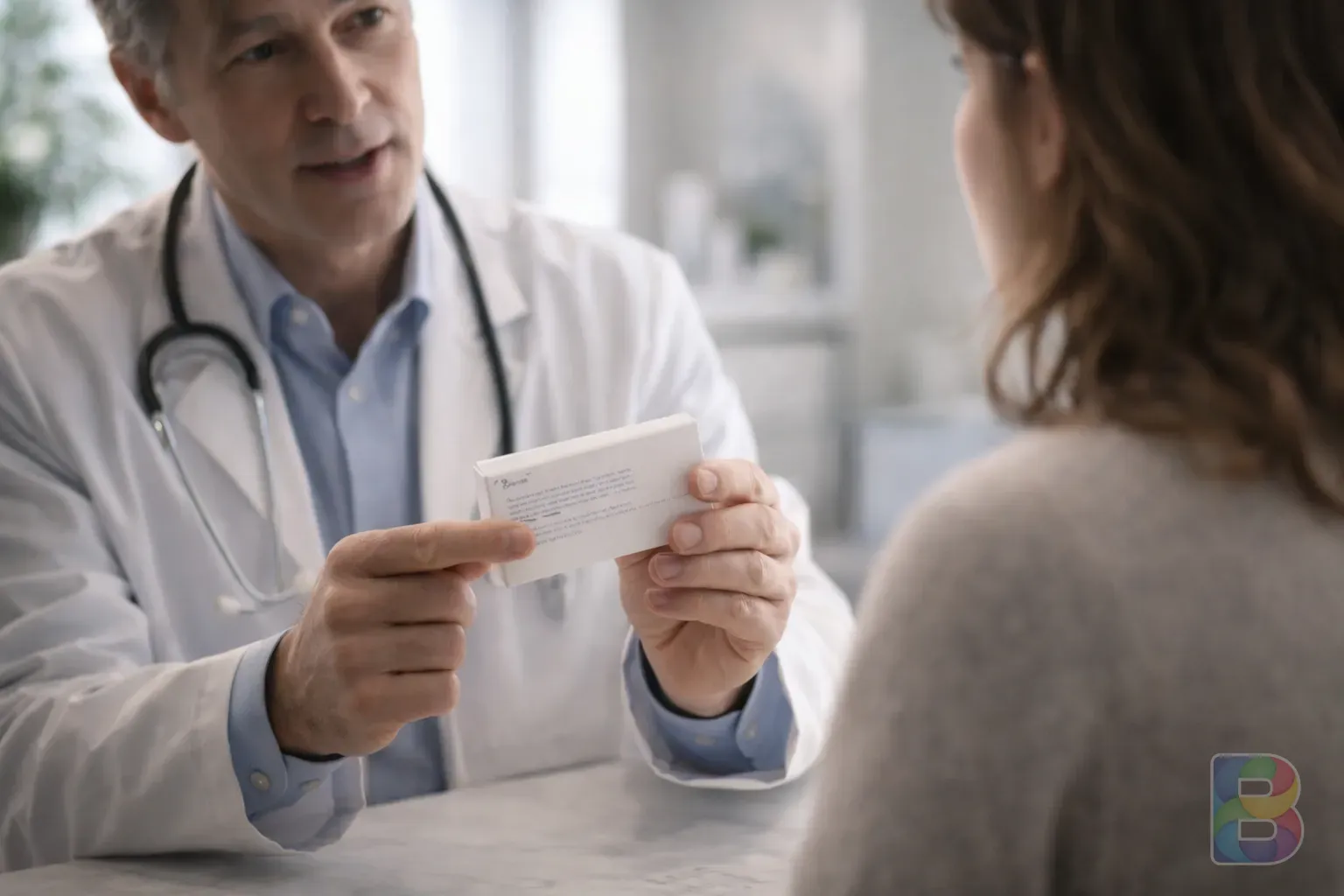 photorealistic, doctor holding a white pill box and explaining to a patient in a bright consulting room, professional and reassuring mood