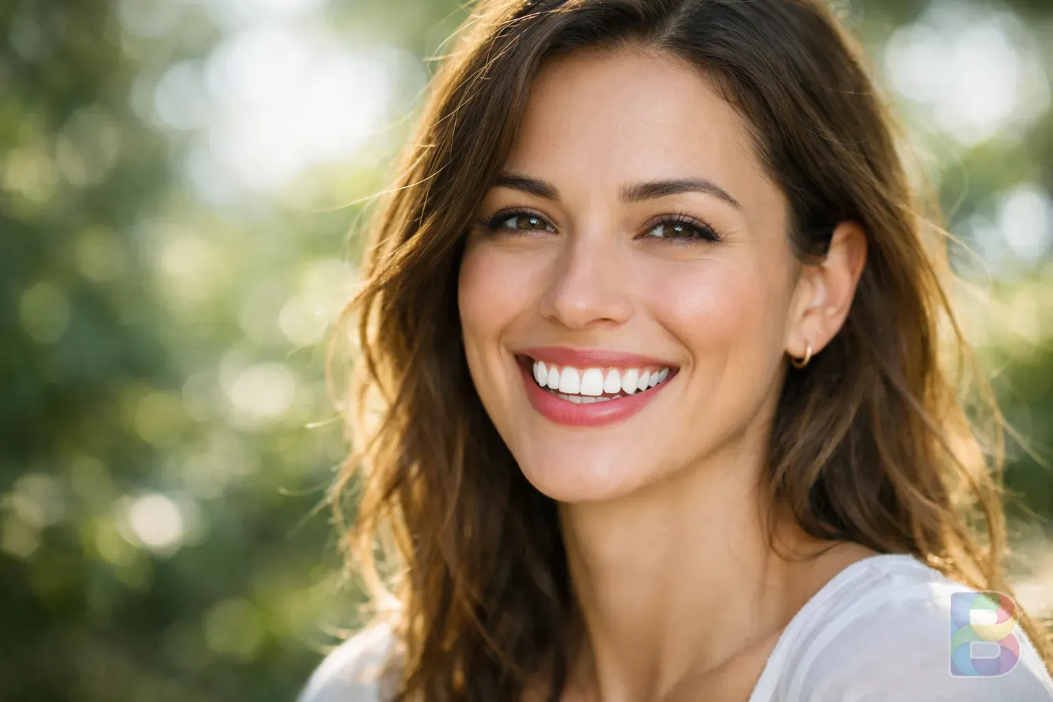photorealistic, a person smiling confidently showing healthy white teeth and pink gums, bright natural outdoor lighting, refreshing mood