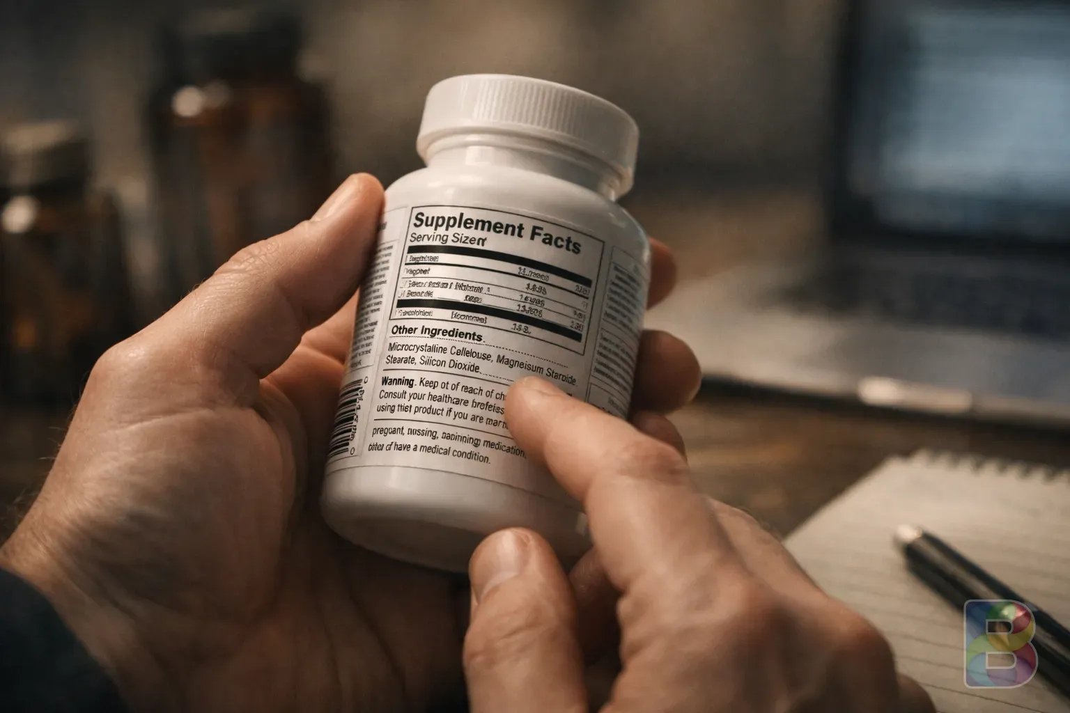 photorealistic, a hand holding a supplement bottle examining the ingredients label, soft focused background, professional and analytical mood