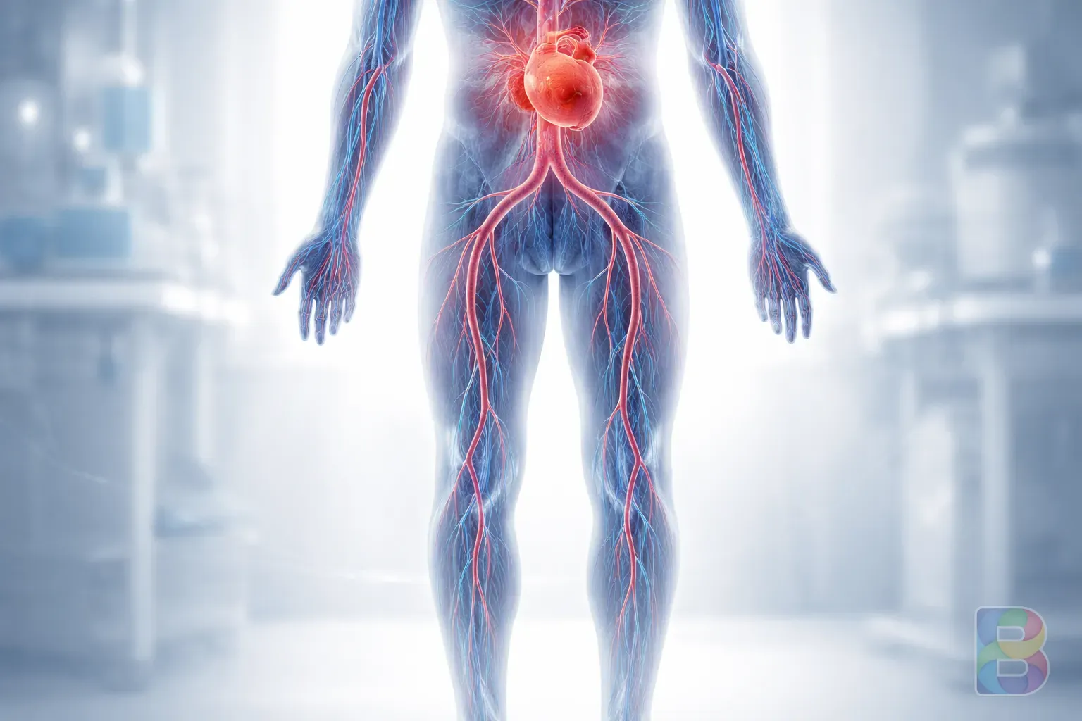 photorealistic, anatomical illustration of human circulatory system focusing on legs and heart, glowing blue and red veins, clean medical background, cinematic lighting
