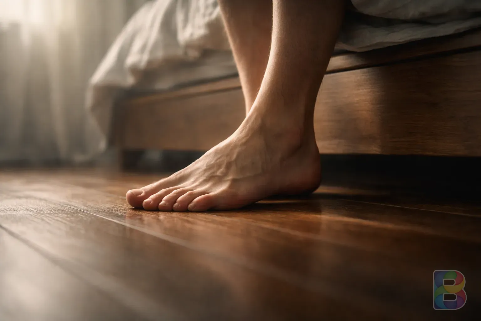photorealistic, close-up of a person's feet stepping slowly onto a wooden floor from a bed, soft natural light, detailed skin texture, cinematic atmosphere