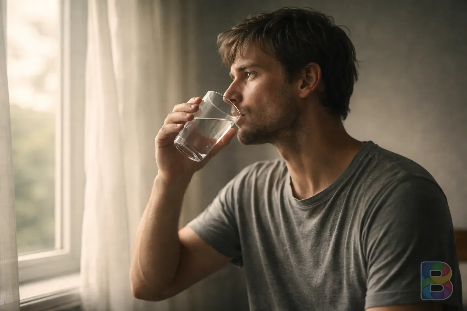 photorealistic, a person drinking a glass of water while looking out a window, calm morning routine, high detail, natural lighting, serene mood