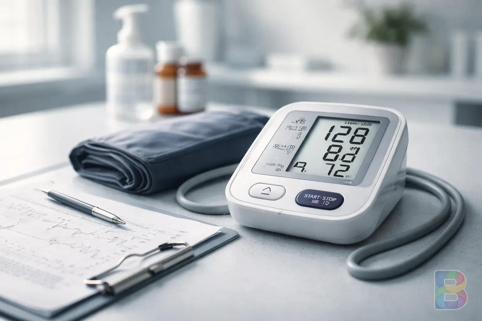 photorealistic, close-up of a blood pressure monitor on a table next to a medical chart, clean professional clinic setting, cinematic lighting