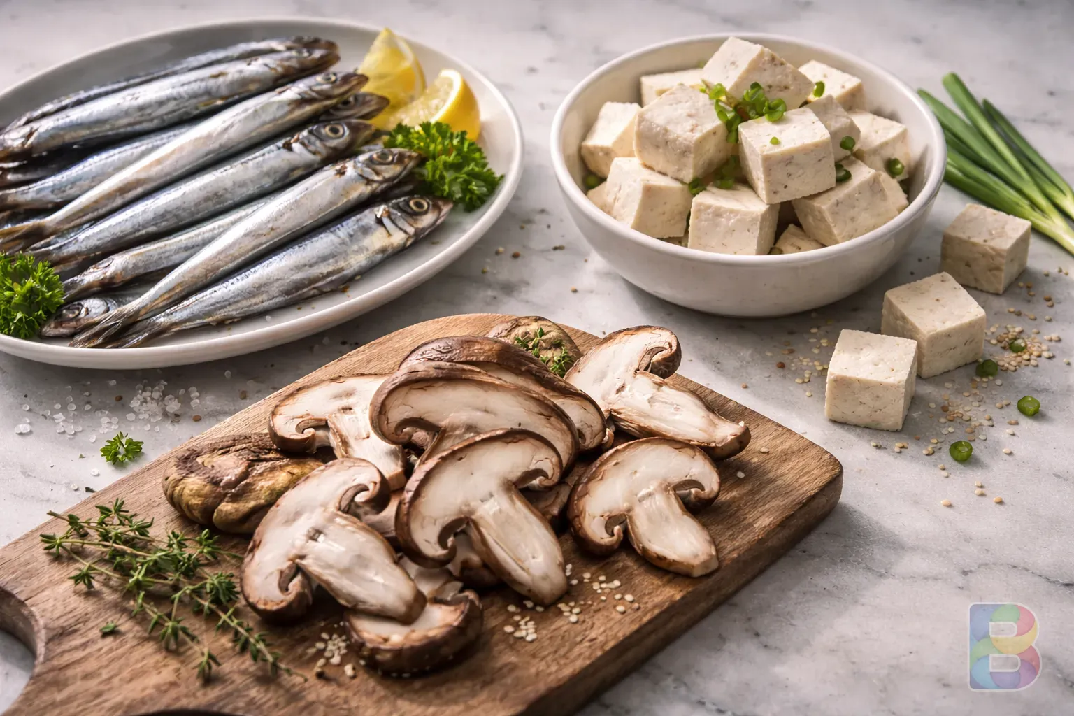 photorealistic, detail shot of fresh anchovies, tofu cubes, and sliced shiitake mushrooms arranged artistically, high detail food photography, soft natural light, clean clinical vibe