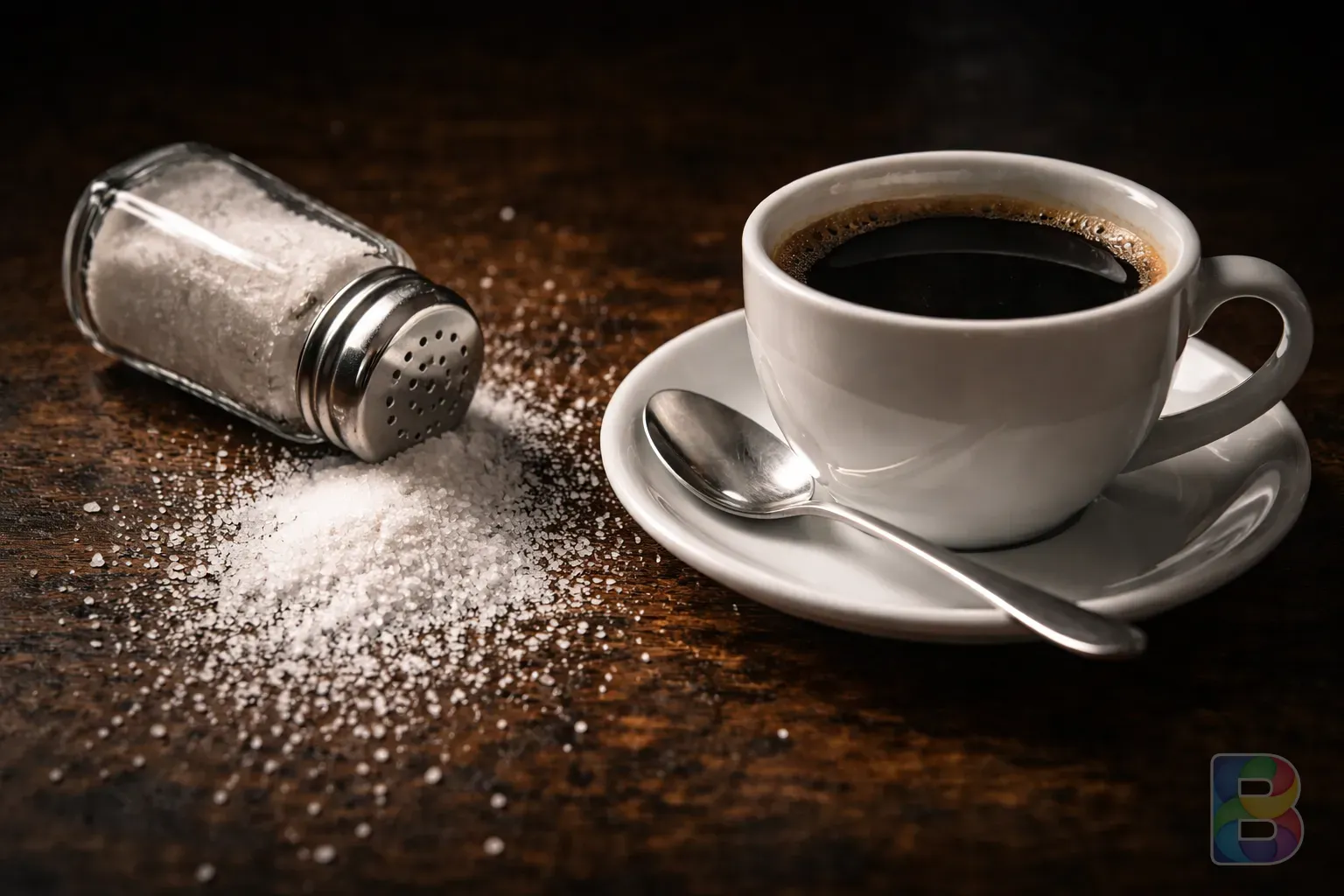 photorealistic, a salt shaker spilling salt next to a cup of dark coffee, moody lighting, contrast between dark and light, warning vibe