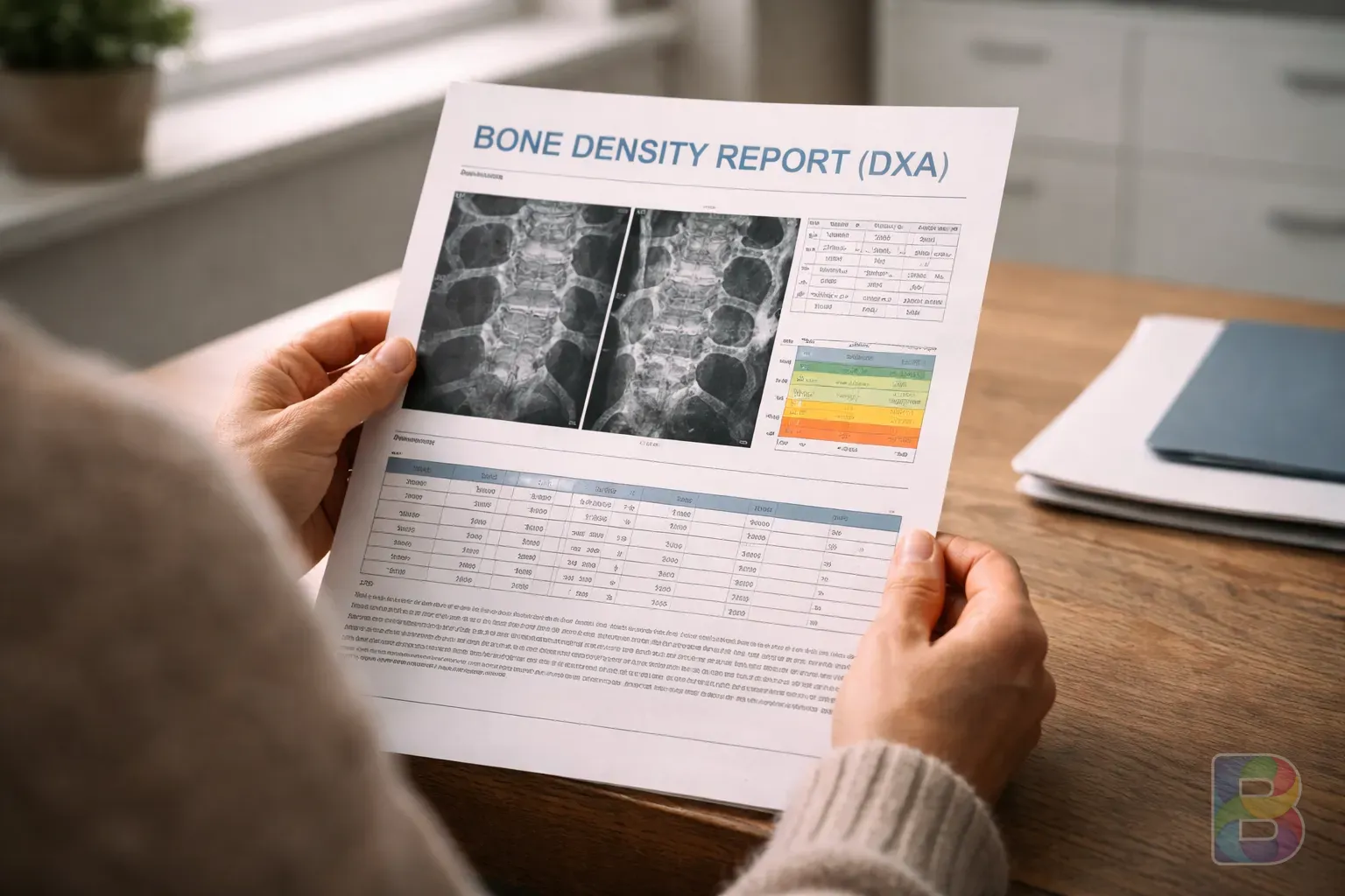 photorealistic, close-up of a person checking a medical report for bone density (DXA), clinical and clean background, soft indoor lighting