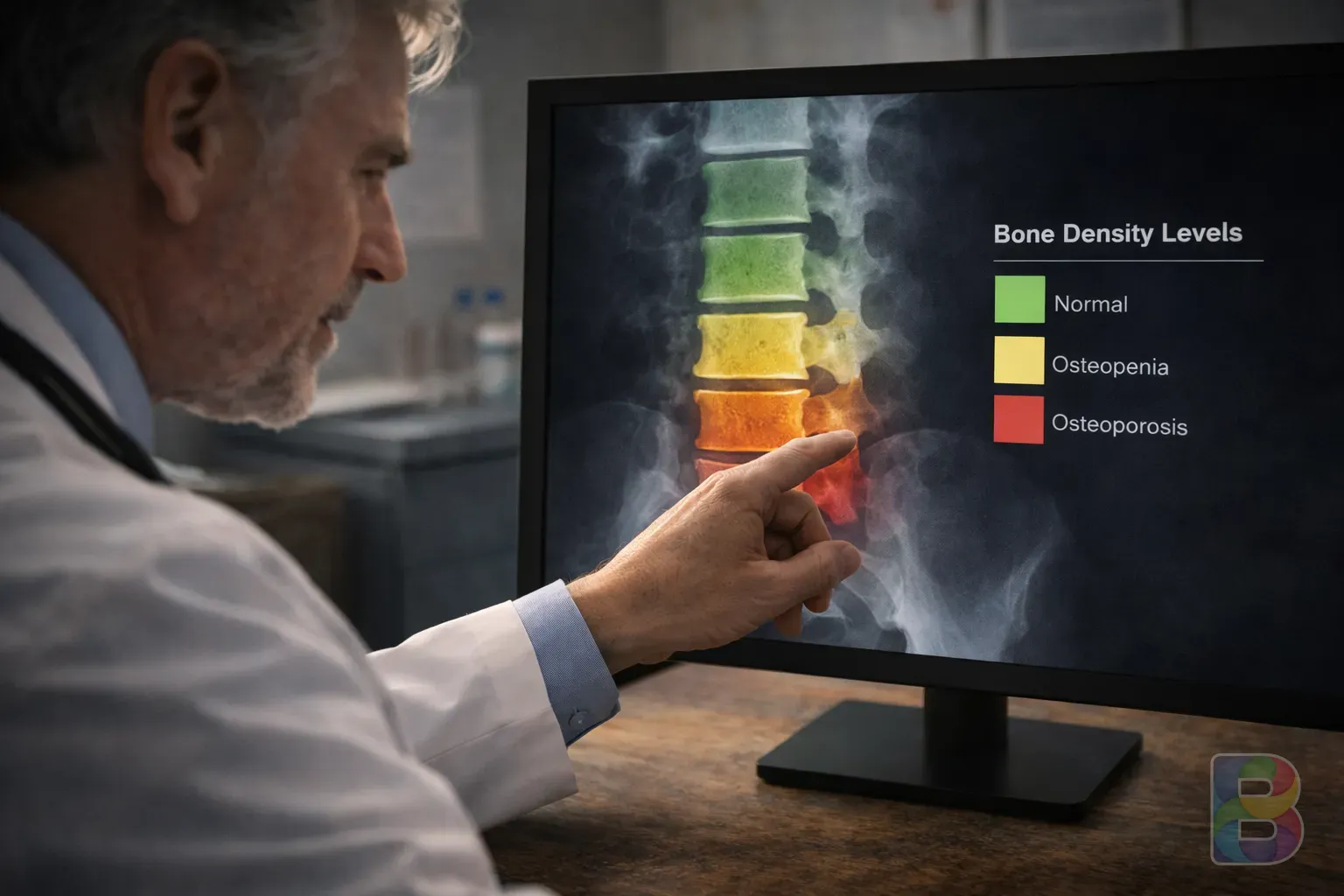 photorealistic, doctor pointing at a spinal x-ray showing bone density levels, professional medical setting, reassuring atmosphere