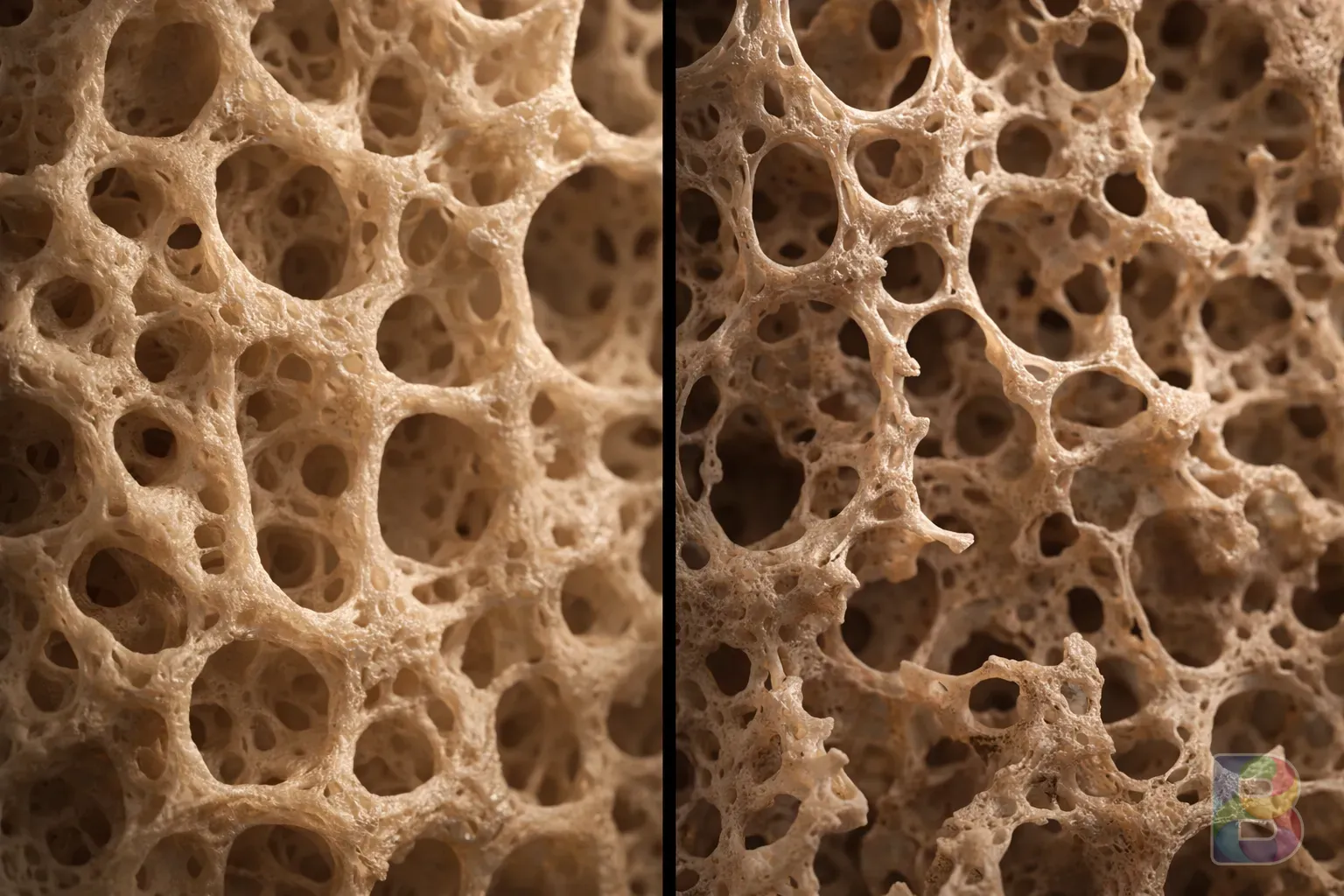 photorealistic, microscopic view of healthy bone tissue vs osteoporotic bone tissue, contrasting density, cinematic lighting, scientific 3d render