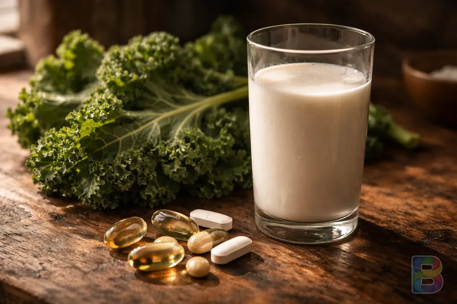 photorealistic, close-up of a glass of milk, kale leaves, and vitamin capsules on a wooden table, artistic food photography, cinematic lighting
