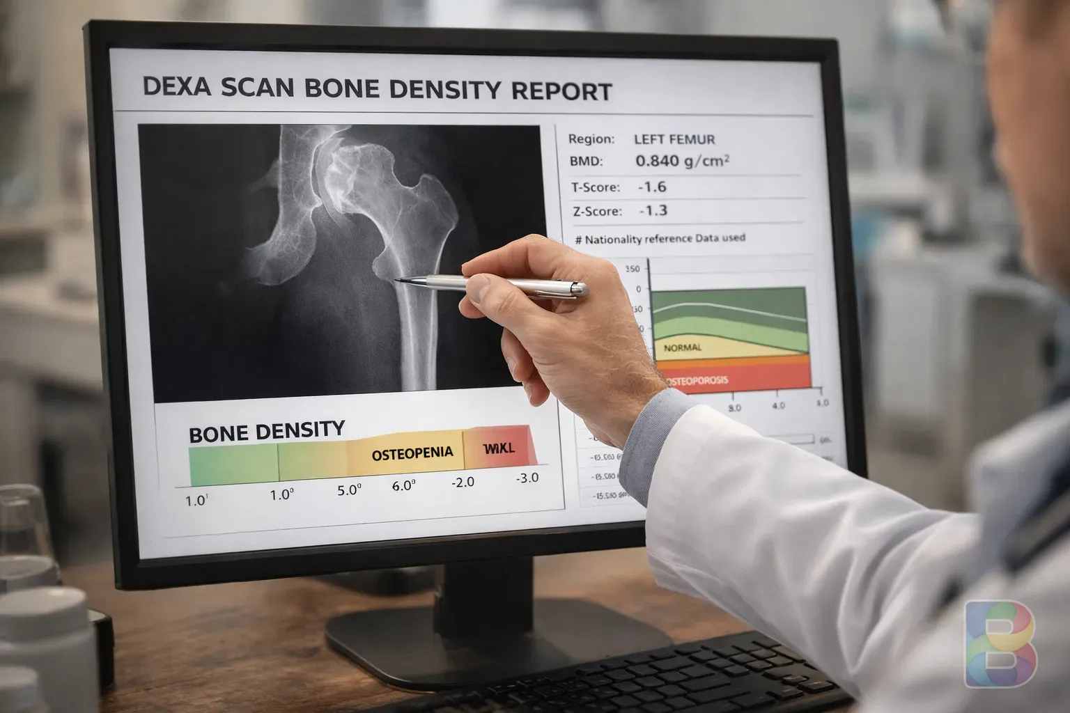 photorealistic, a doctor pointing at a bone density scan (DEXA) on a computer monitor, professional medical setting, clear and informative atmosphere