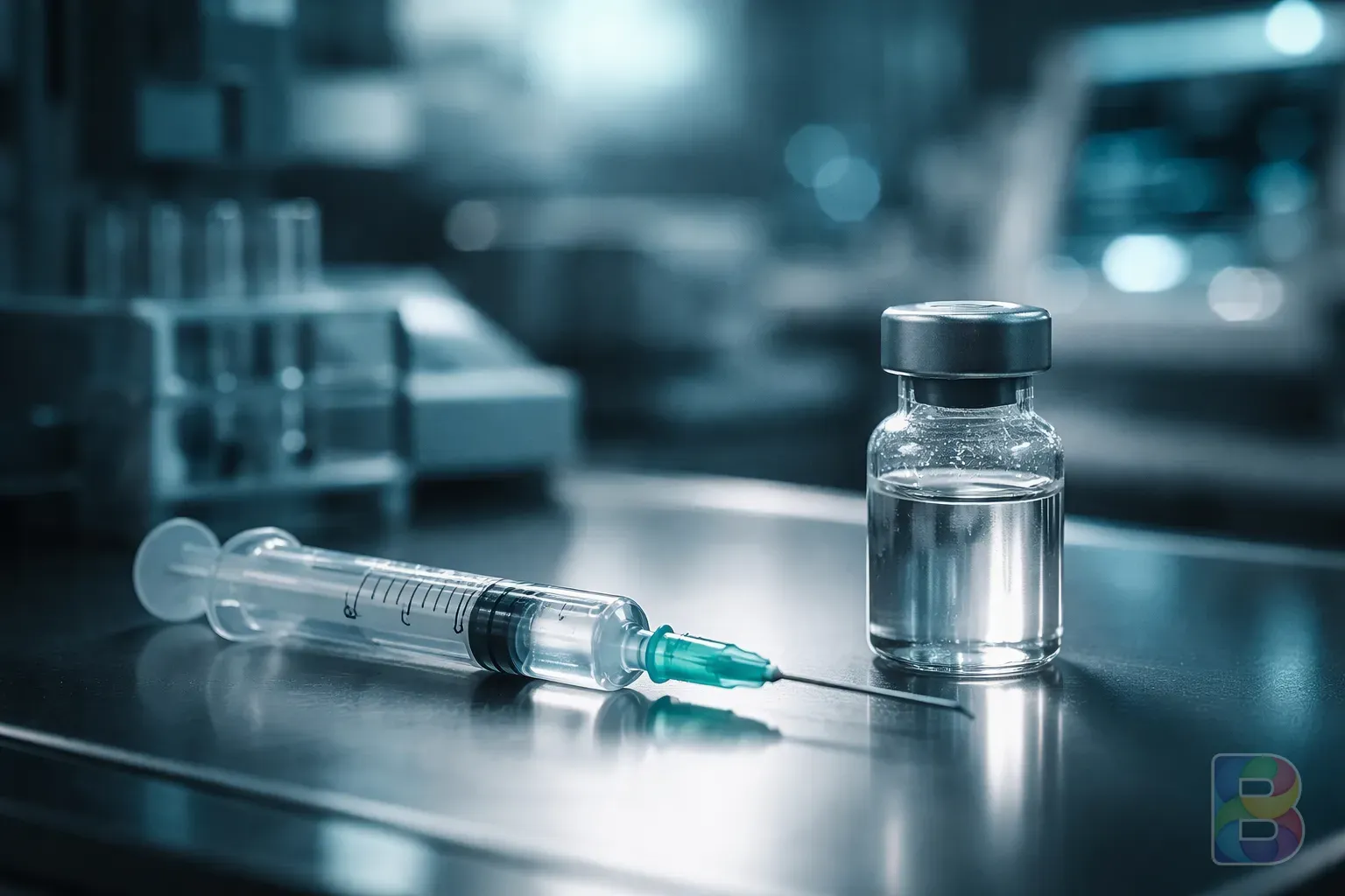 photorealistic, high-tech medical laboratory setting with a focused syringe and a vial of clear liquid, cinematic lighting, teal and silver tones, professional mood
