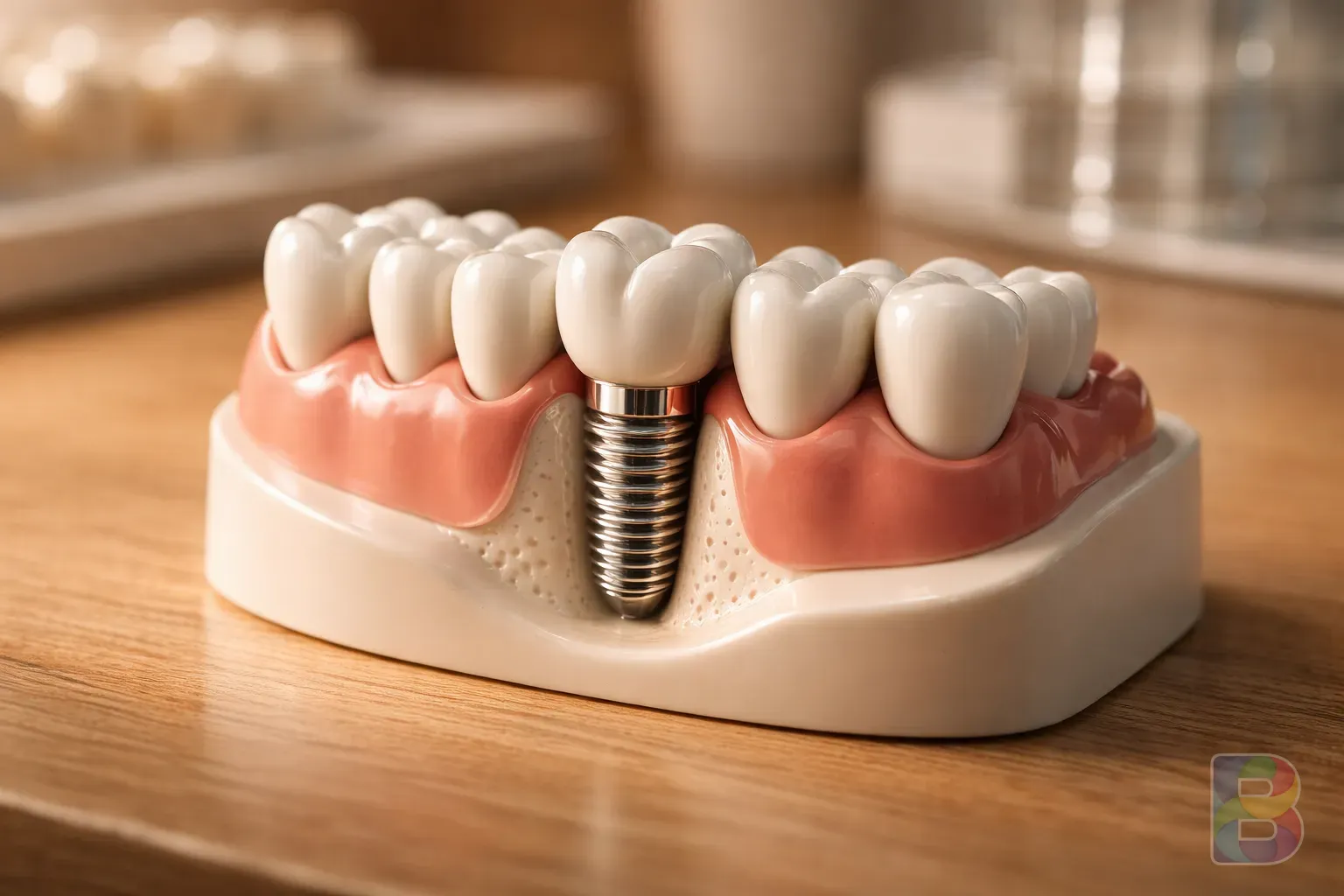 photorealistic, close-up of a dental implant model on a wooden surface, soft warm lighting, clinical but gentle atmosphere, high detail