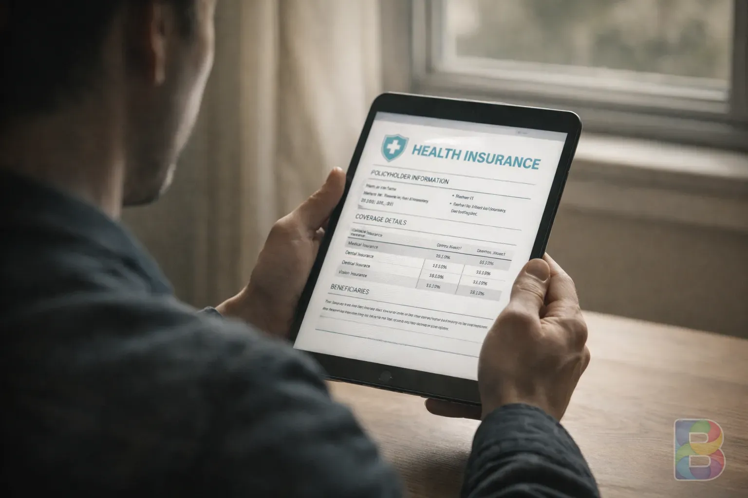 photorealistic, a person looking at a digital health insurance document on a tablet, soft natural light from a window, calm and analytical mood