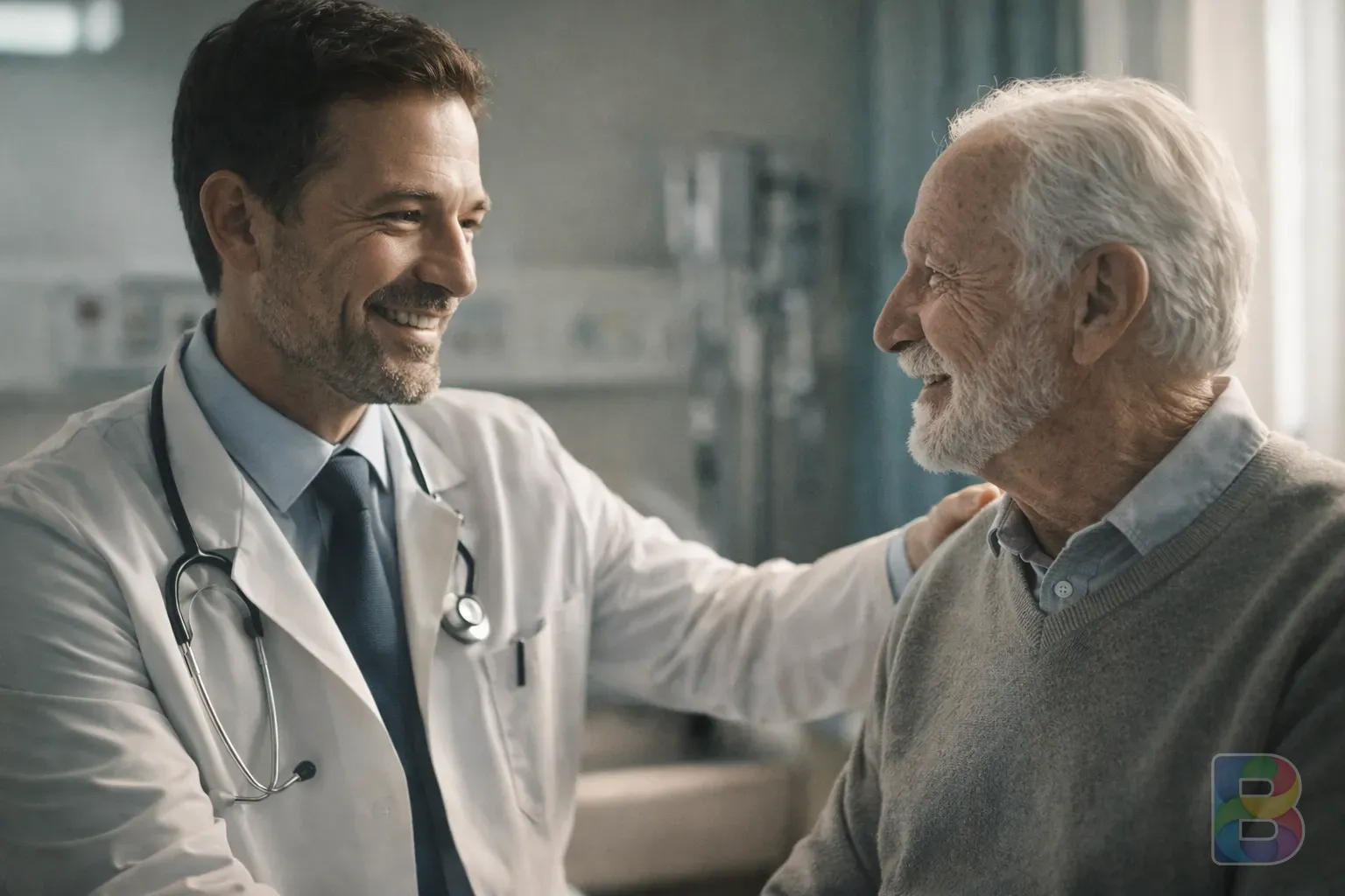 photorealistic, a doctor and an elderly patient talking warmly, soft clinical environment, reassuring atmosphere, high detail