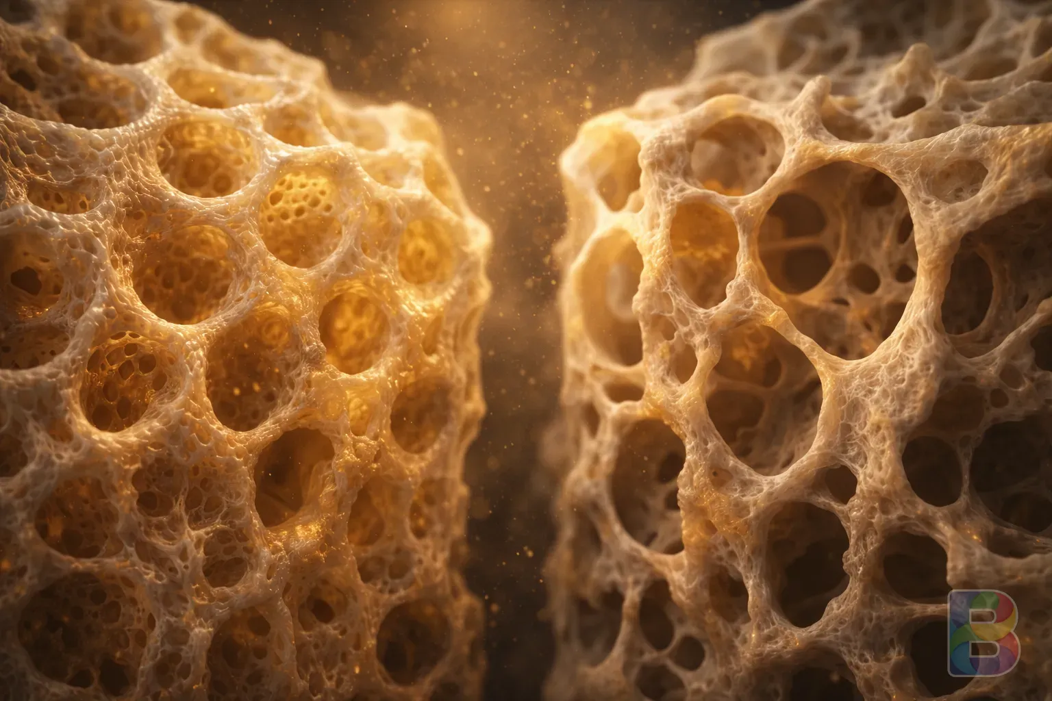 photorealistic, microscopic view of healthy bone tissue vs osteoporotic bone tissue, glowing golden light highlighting the dense structure, 3D medical visualization, cinematic lighting