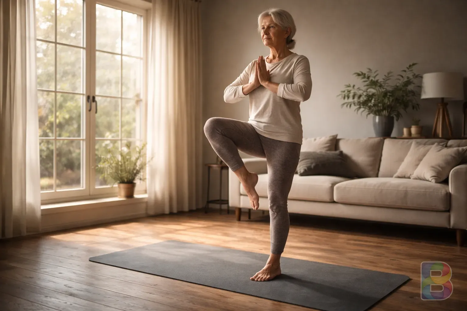 photorealistic, a person in comfortable athletic wear doing balance exercises on a yoga mat, soft natural light through a large window, calm and focused mood, high detail