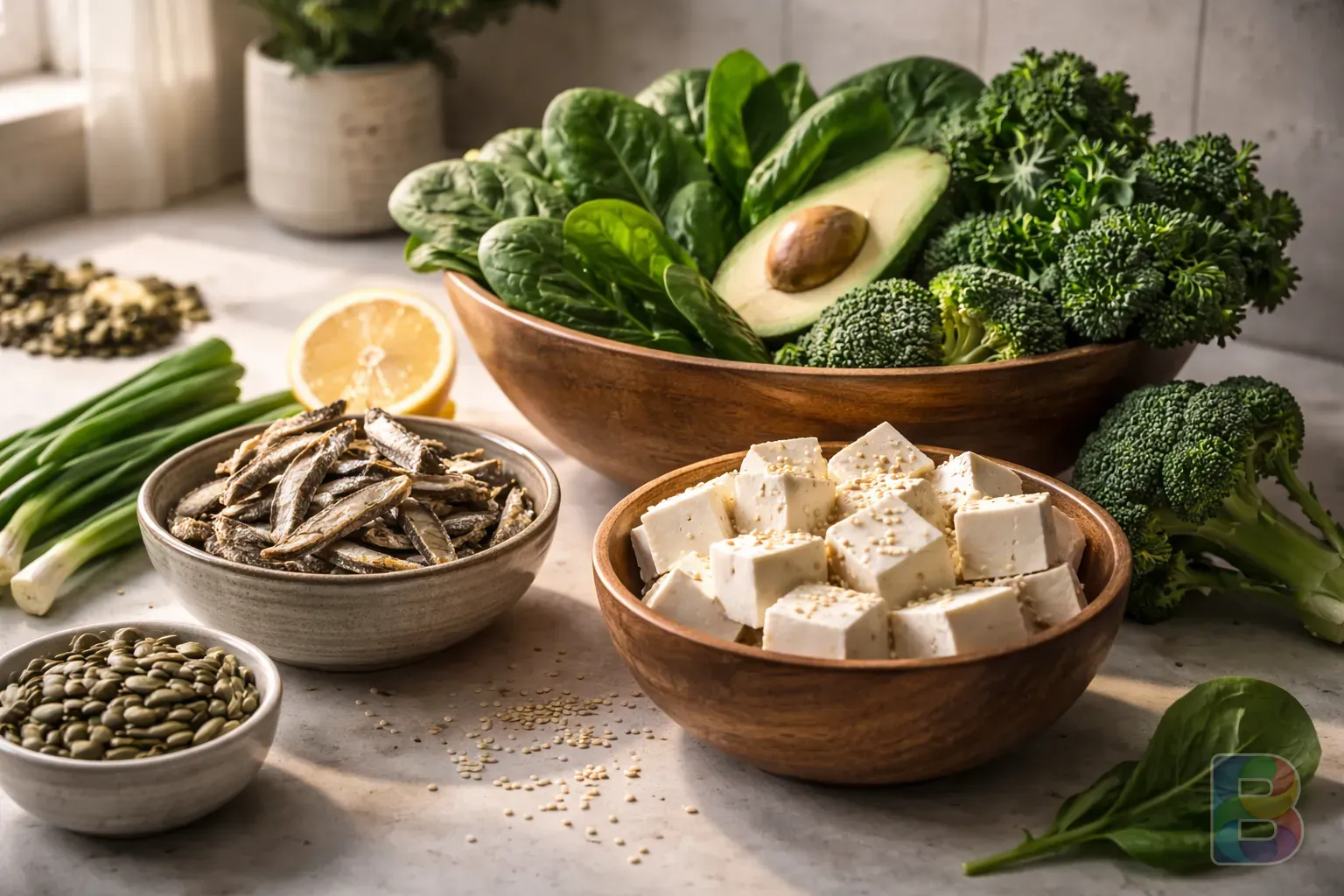 photorealistic, close-up of fresh green vegetables, small dried sardines, and a bowl of tofu on a minimalist kitchen counter, vibrant colors, natural lighting, fresh mood