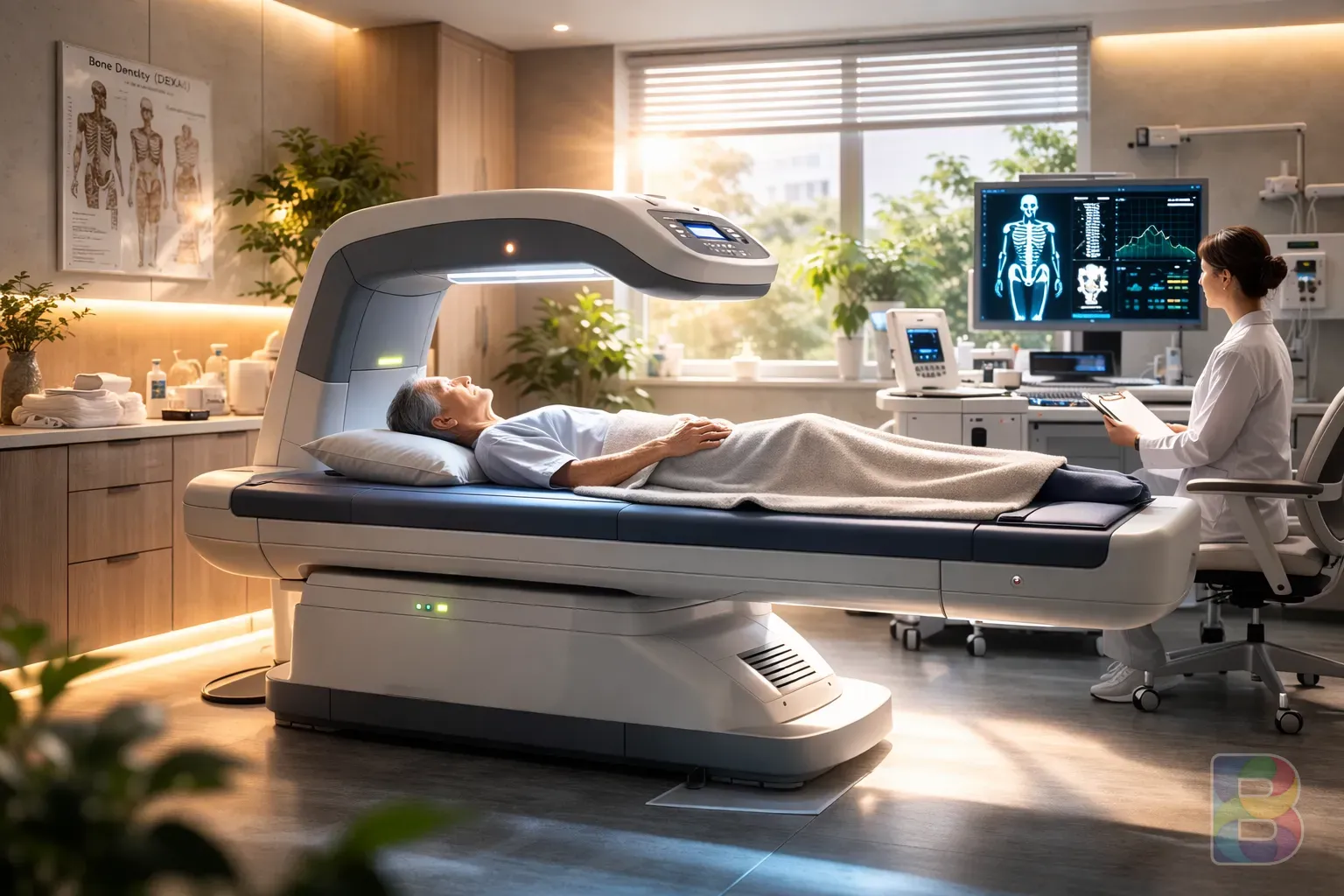 photorealistic, a modern bone density testing room (DEXA scan), clean clinical atmosphere, focus on the high-tech equipment, reassuring and professional lighting