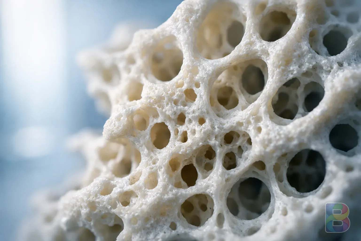 photorealistic, macro shot of a bone-like porous structure showing density differences, clean clinical background, blue and white lighting, high detail
