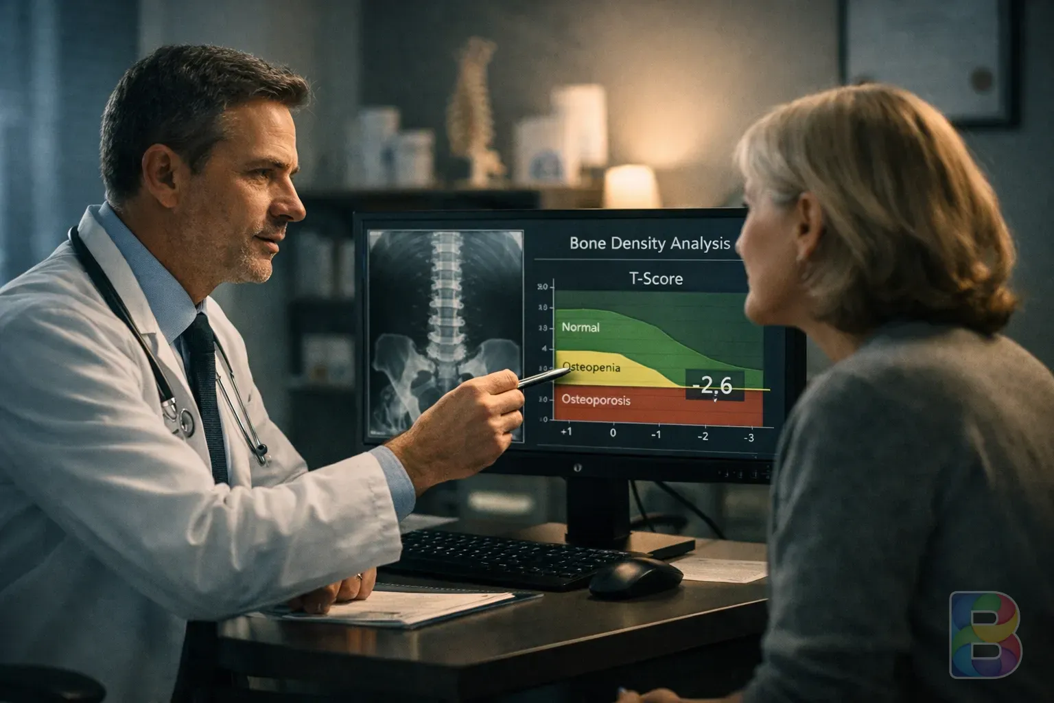 photorealistic, a doctor pointing at a DEXA scan result on a monitor, explaining T-score to a patient, modern clinic setting, professional and calm mood