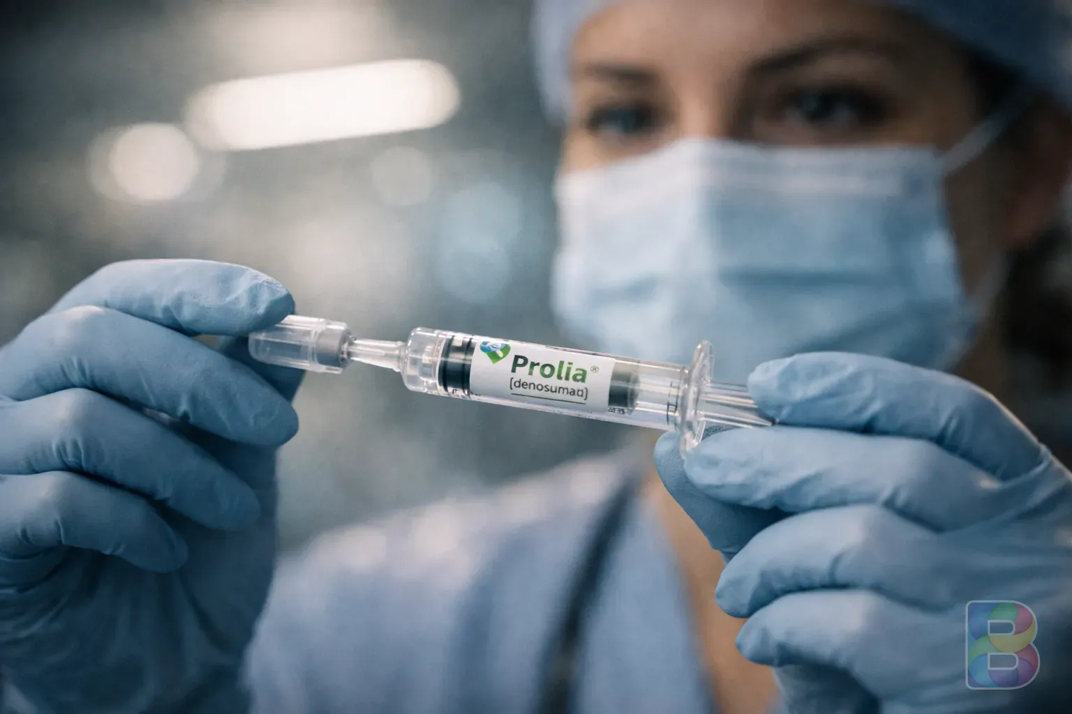 photorealistic, close-up of a medical professional preparing a pre-filled syringe (Prolia), sterile clinic environment, soft bokeh background, clinical precision