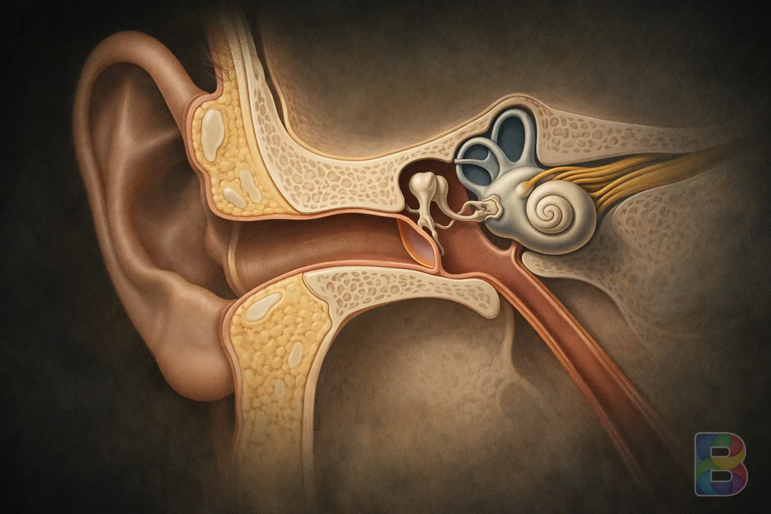 photorealistic, anatomical cross-section of a human ear showing the middle ear and eustachian tube, clean medical illustration style, cinematic lighting, high detail
