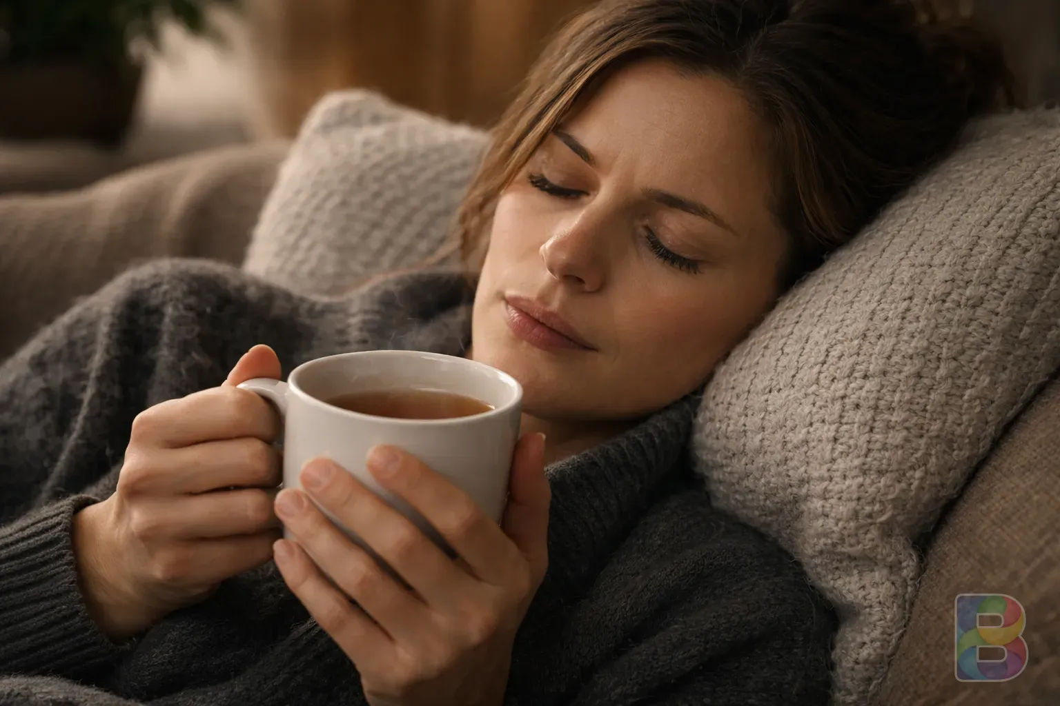 photorealistic, a person drinking warm tea and resting their head on a soft pillow, cozy home environment, cinematic lighting, focus on comfort and recovery