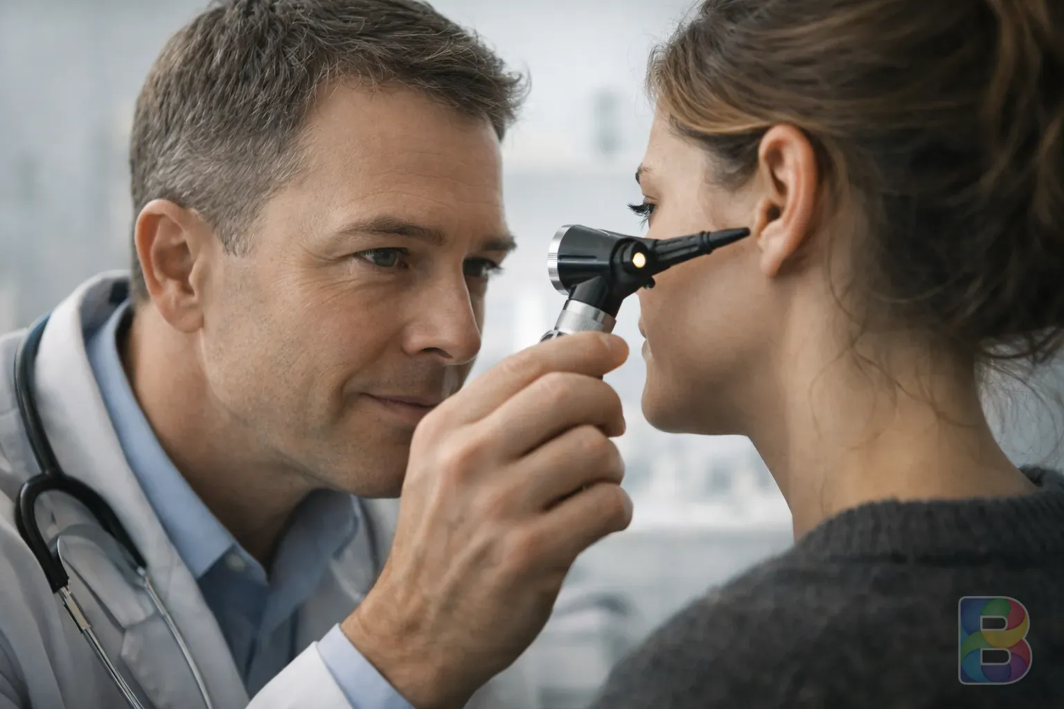 photorealistic, professional otolaryngologist examining a patient's ear with an otoscope, modern clinic setting, bright clinical lighting, reassuring atmosphere