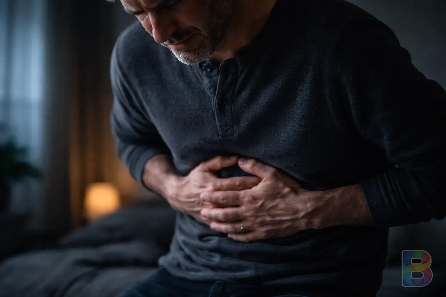 photorealistic, a person feeling stomach pain holding their abdomen in a dimly lit room, expressions of discomfort, cinematic lighting, moody atmosphere