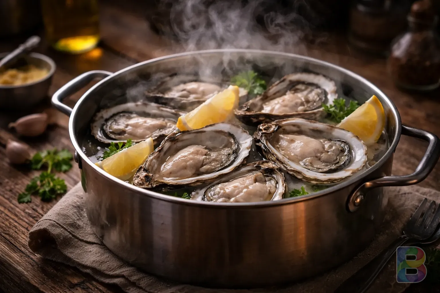 photorealistic, steaming oysters in a pot, hot vapor rising, wooden table, rustic kitchen setting, cinematic lighting, warm tones