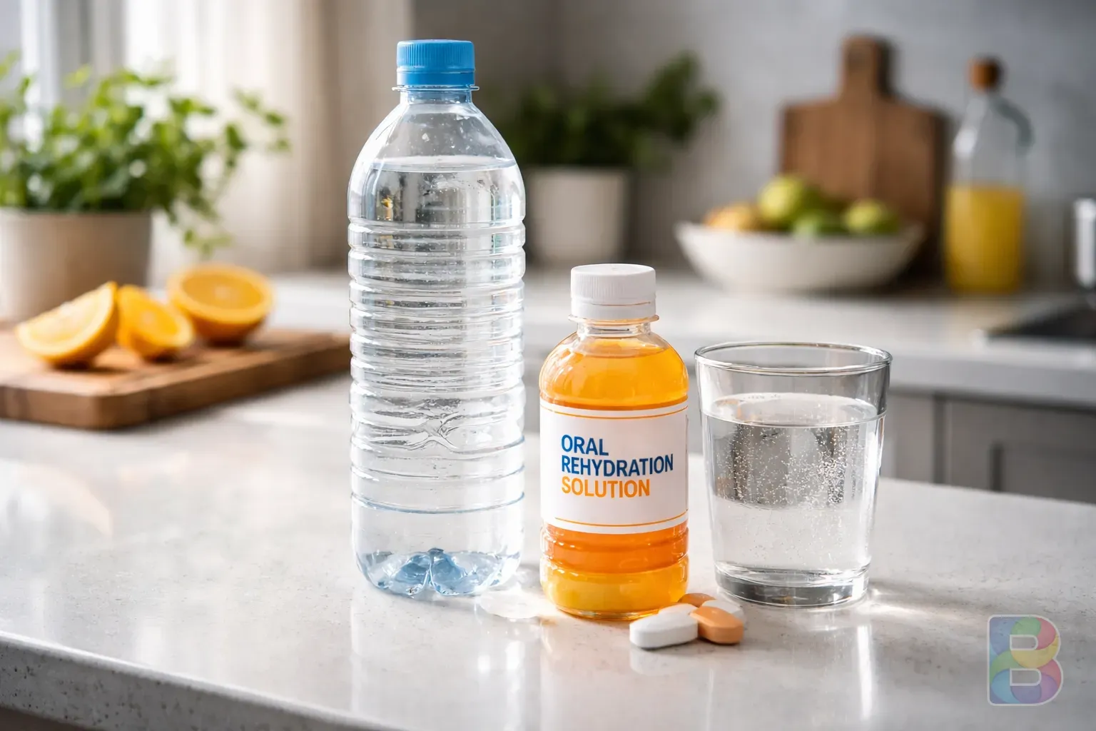 photorealistic, a clean modern kitchen counter with a bottle of water and an oral rehydration solution, soft natural light, organized and calm mood