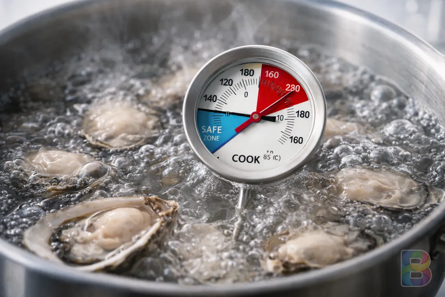 photorealistic, focused view of a thermometer in boiling water with oysters, safety and hygiene concept, bright clinical lighting