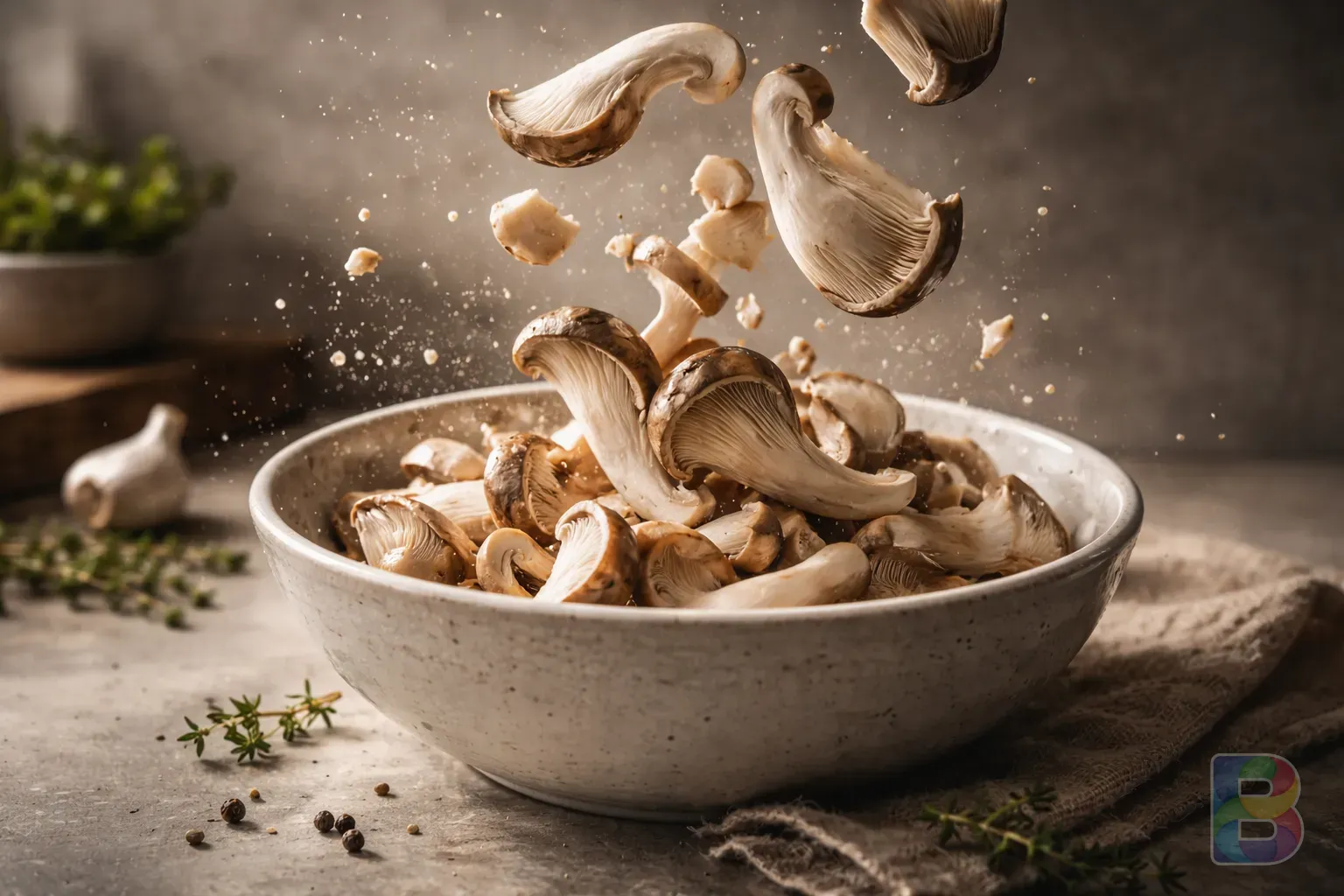 photorealistic, artistic shot of sliced oyster mushrooms falling into a ceramic bowl, high speed photography, neutral background, soft moody lighting