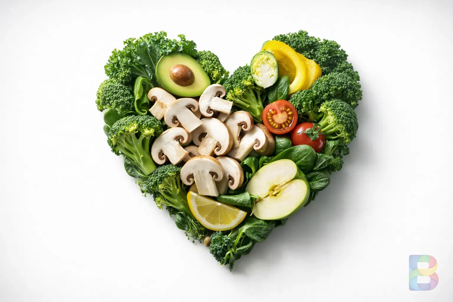 photorealistic, close-up of a healthy heart symbol made of vegetables including mushrooms, clean white background, bright clinical lighting