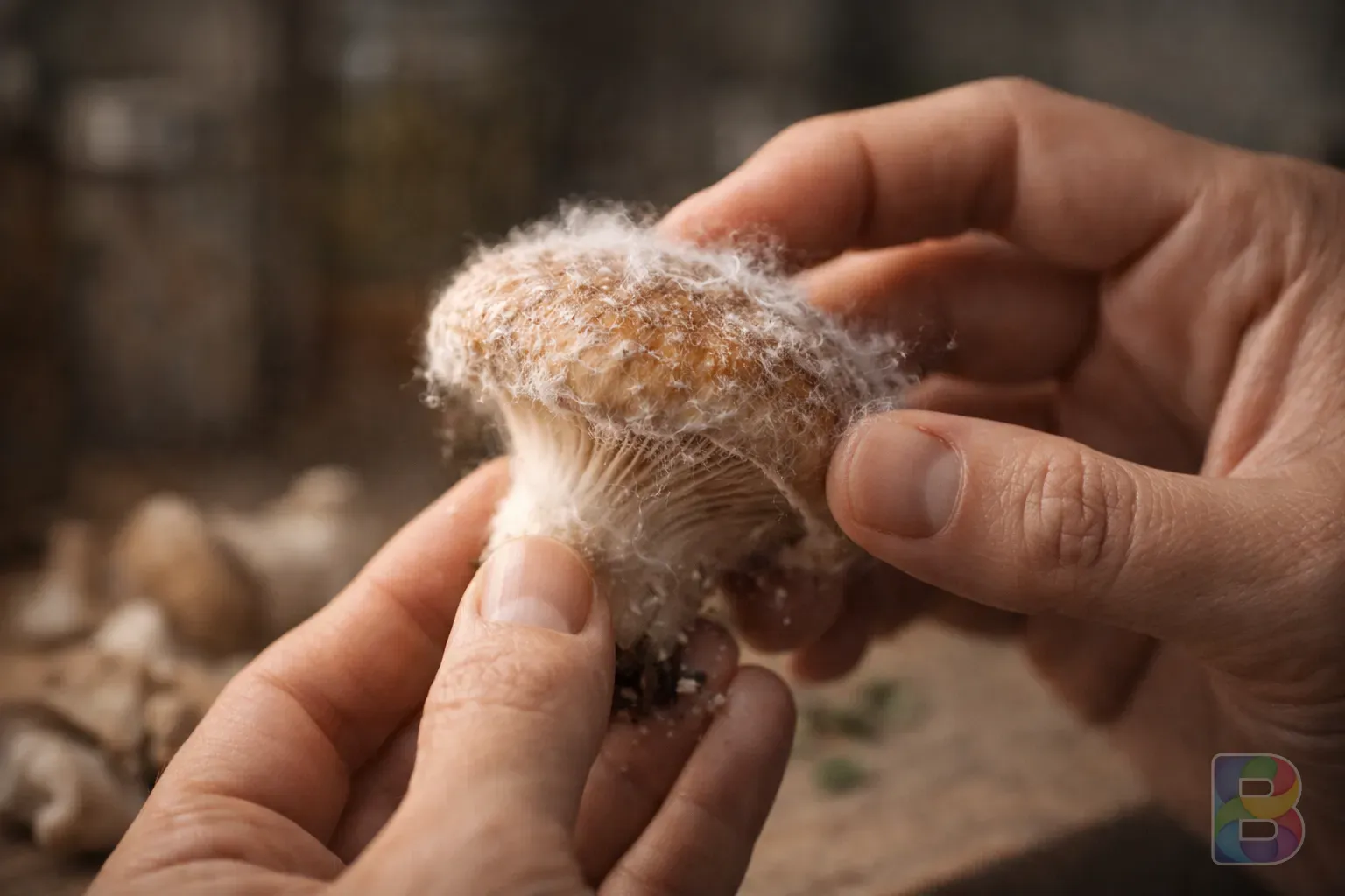 photorealistic, close-up of a person's hands gently inspecting a mushroom with white fuzz, macro photography, kitchen setting, informative atmosphere