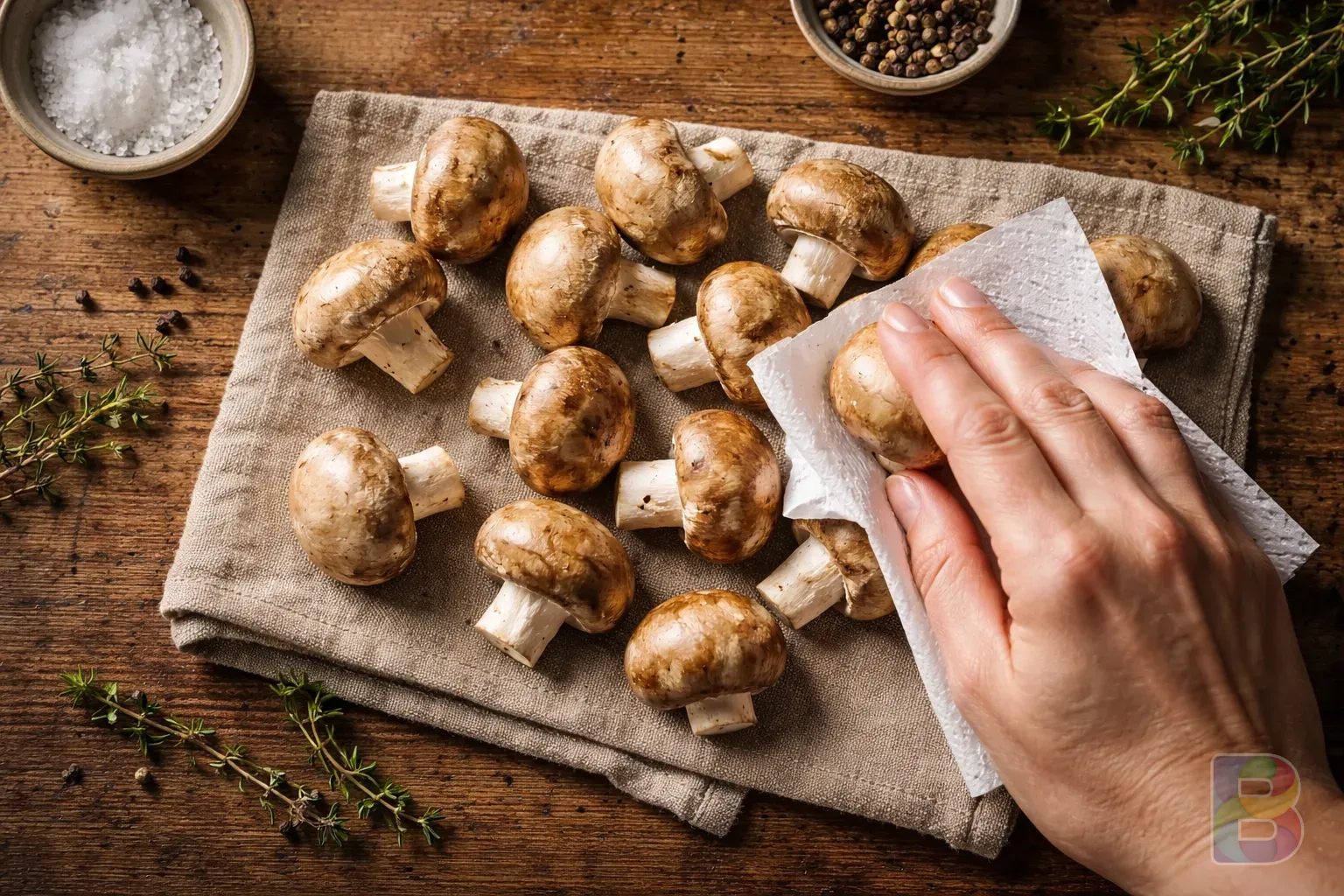 photorealistic, fresh mushrooms being lightly patted dry with a paper towel, overhead shot, clean wooden counter, soft lighting